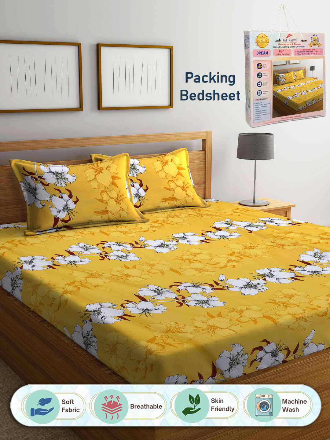     			FABINALIV Poly Cotton 1 Double Bedsheet with 2 Pillow Covers ( Yellow )