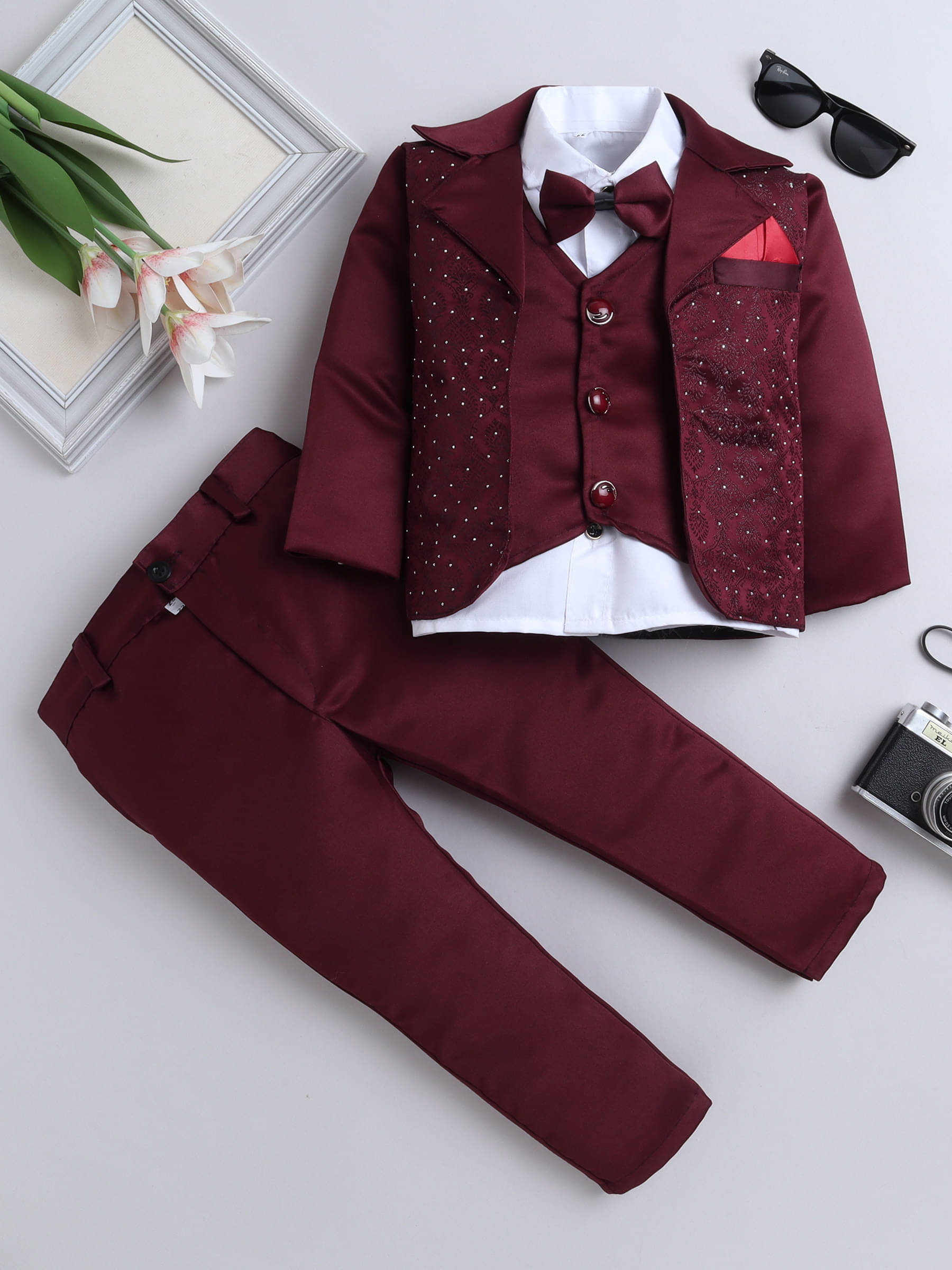     			Fourfolds Pack of 1 Boys Cotton Blend Shirt & Pants Set ( Wine )