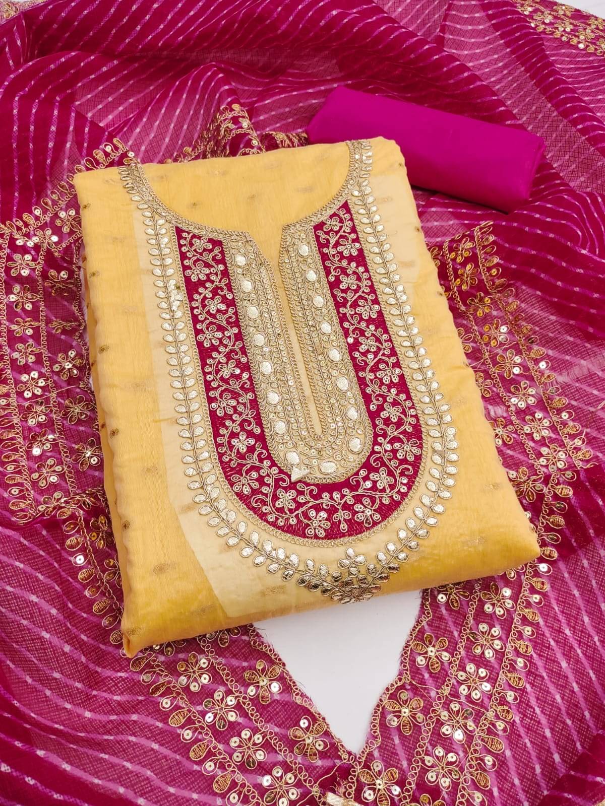 HL SILKMILLS Unstitched Chanderi Embellished Dress Material - Yellow ( Pack of 1 )     			HL SILKMILLS Unstitched Chanderi Embellished Dress Material - Yellow ( Pack of 1 )