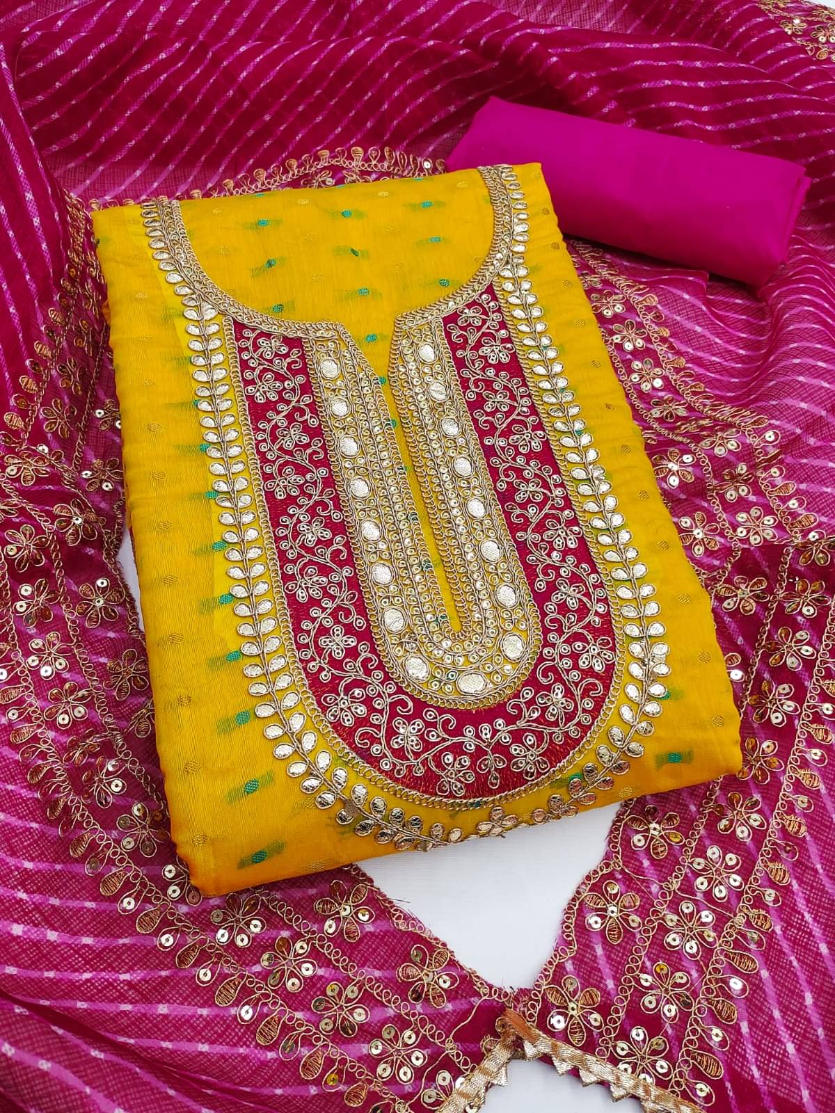 HL SILKMILLS Unstitched Chanderi Embellished Dress Material - Yellow,Pink ( Pack of 1 )     			HL SILKMILLS Unstitched Chanderi Embellished Dress Material - Yellow,Pink ( Pack of 1 )
