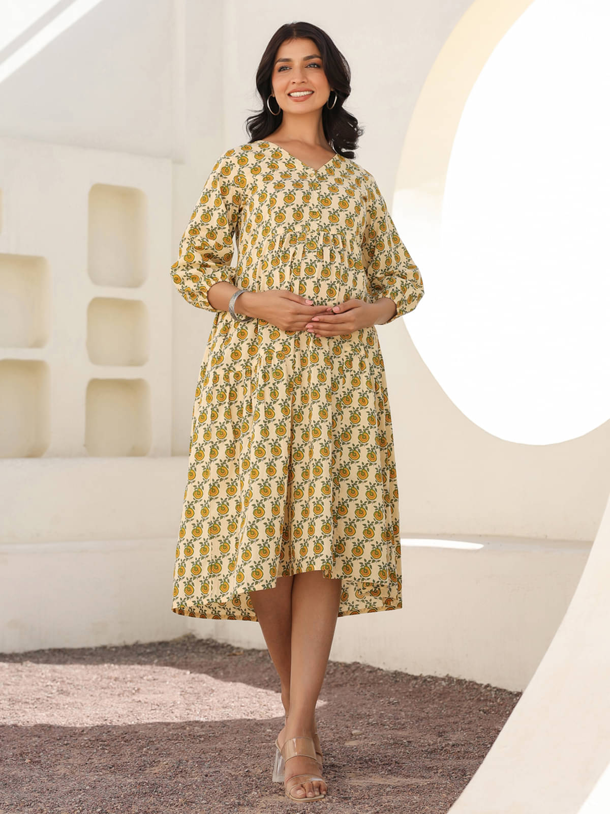     			Janasya Women Cotton Printed A-line Dress ( Cream )