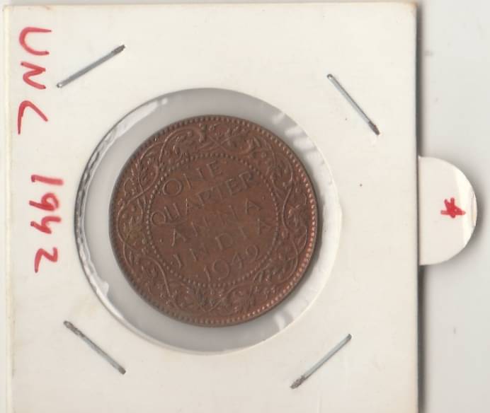 NUMISMATTECLY  RARE AND COLLECTIBLE -ONE QUARTER ANNA - 1942,GEORGE-6TH KING EMPERROR COPPER COIN -WIGHT-4.85-GRAMS.IN UNC TYPE CONDITION.CHECK PICTURE CAREFFULLY BEFORE ORDER PLEASE DONT PLACE FAKE  ORDER.     			NUMISMATTECLY  RARE AND COLLECTIBLE -ONE QUARTER ANNA - 1942,GEORGE-6TH KING EMPERROR COPPER COIN -WIGHT-4.85-GRAMS.IN UNC TYPE CONDITION.CHECK PICTURE CAREFFULLY BEFORE ORDER PLEASE DONT PLACE FAKE  ORDER.