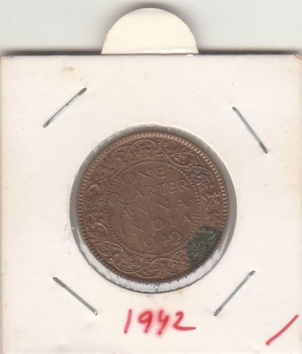 NUMISMATTECLY  RARE AND COLLECTIBLE -ONE QUARTER ANNA - 1942,GEORGE-6TH KING EMPERROR COPPER COIN -WIGHT-4.85-GRAMS.IN EXTRA FINE CONDITION CONDITION.CHECK PICTURE CAREFFULLY BEFORE ORDER PLEASE DONT PLACE FAKE  ORDER.     			NUMISMATTECLY  RARE AND COLLECTIBLE -ONE QUARTER ANNA - 1942,GEORGE-6TH KING EMPERROR COPPER COIN -WIGHT-4.85-GRAMS.IN EXTRA FINE CONDITION CONDITION.CHECK PICTURE CAREFFULLY BEFORE ORDER PLEASE DONT PLACE FAKE  ORDER.
