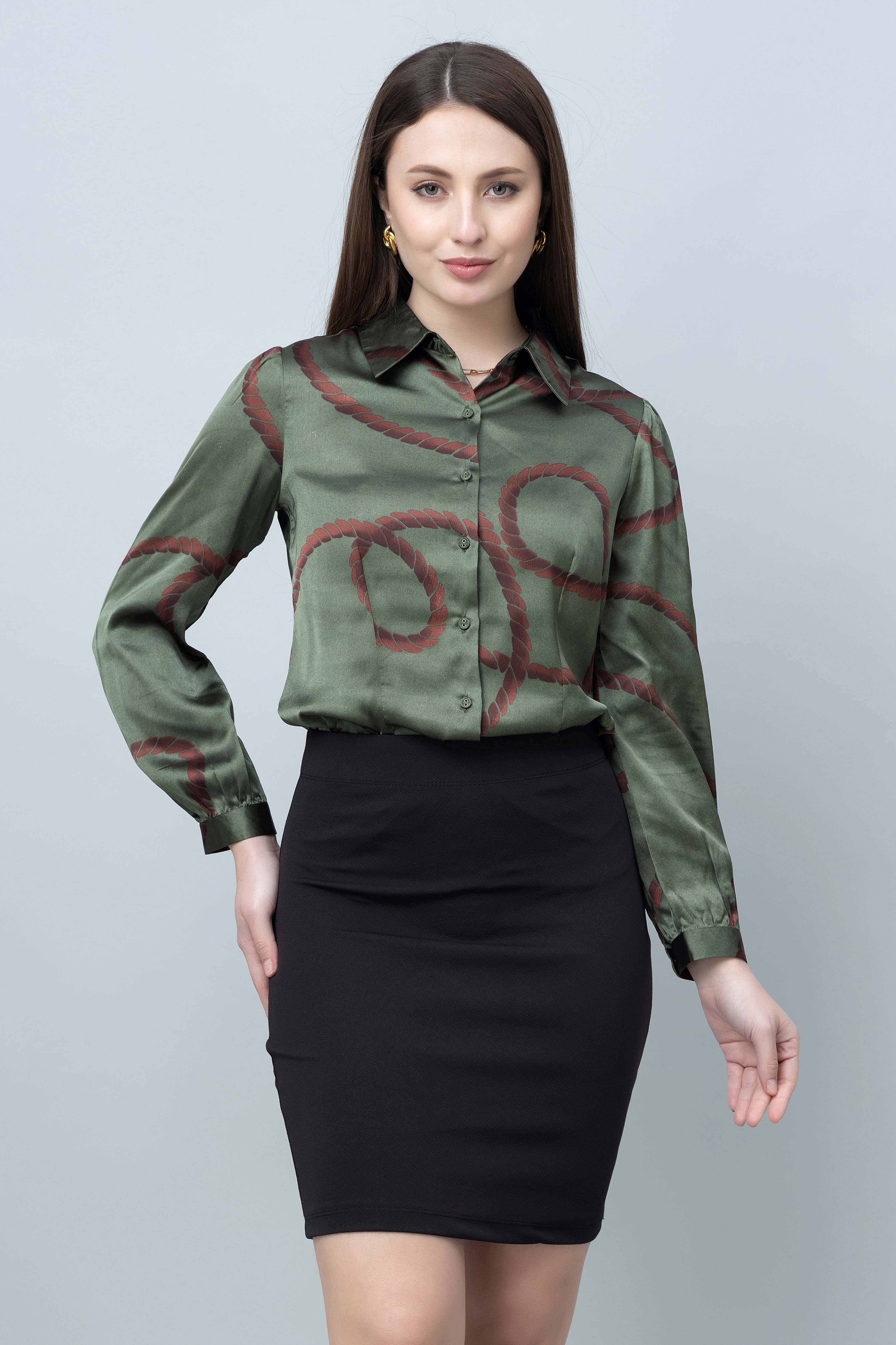     			Purys Women Printed Satin Shirt ( Olive )