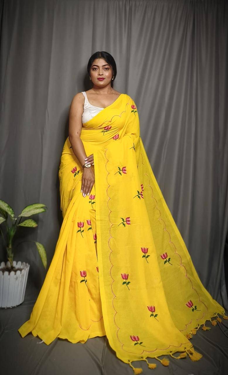 SARADA HANDLOOM Cotton Embroidered Saree With Unstitched Blouse Piece ( Yellow )     			SARADA HANDLOOM Cotton Embroidered Saree With Unstitched Blouse Piece ( Yellow )
