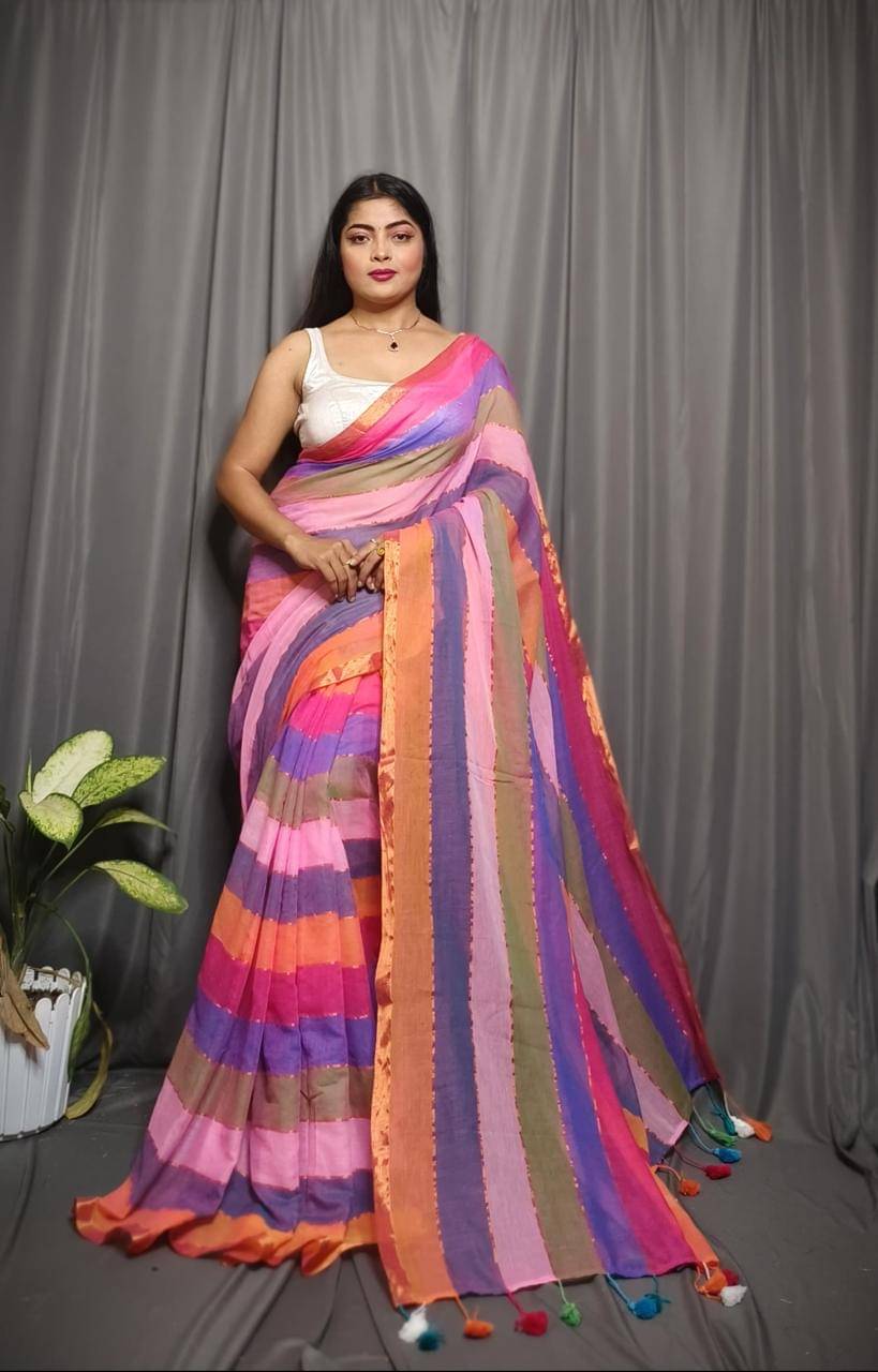     			SARADA HANDLOOM Cotton Striped Saree With Unstitched Blouse Piece ( Multicolor )