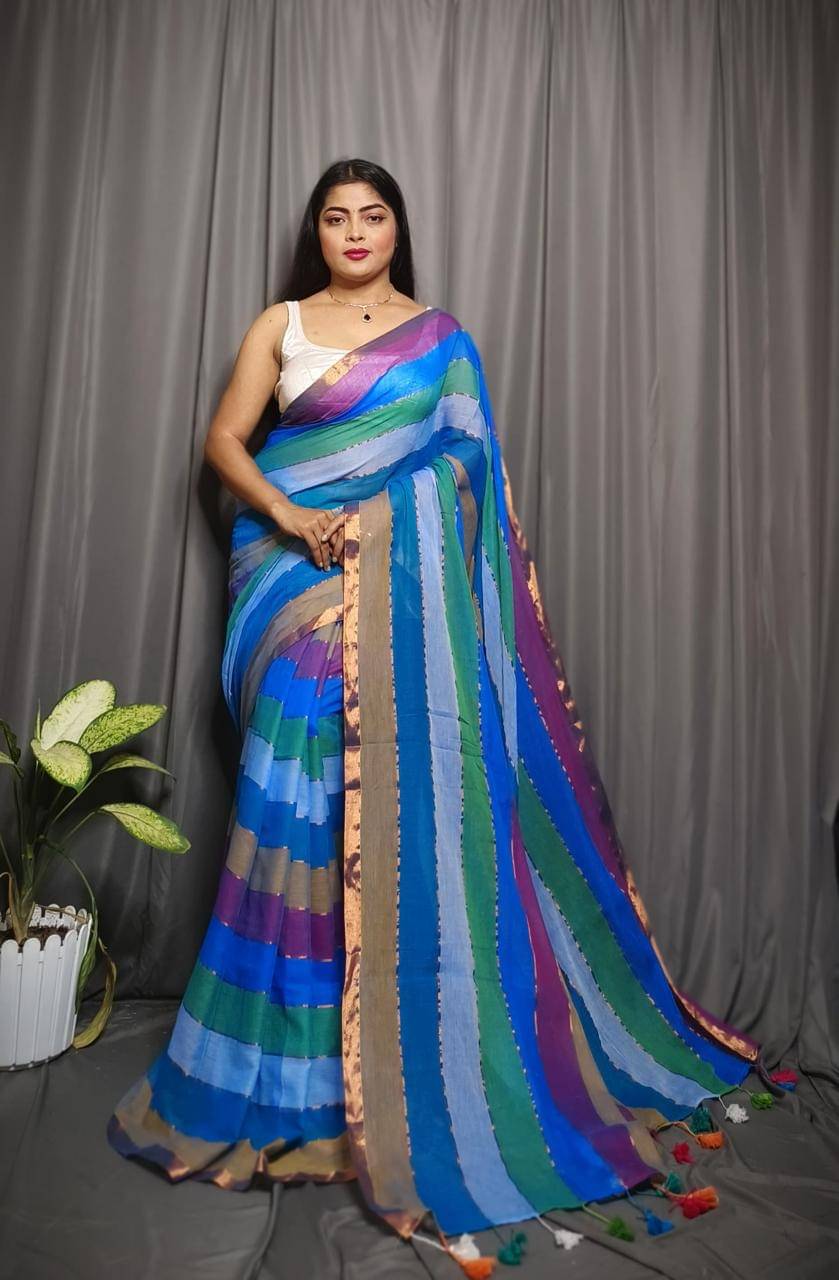     			SARADA HANDLOOM Cotton Striped Saree With Unstitched Blouse Piece ( Multicolor )