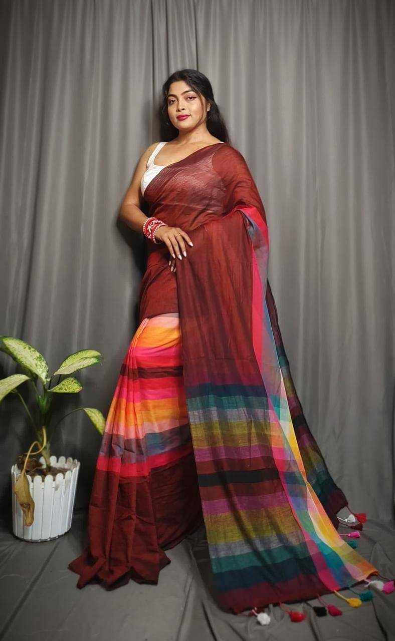     			SARADA HANDLOOM Cotton Striped Saree With Unstitched Blouse Piece ( Magenta )