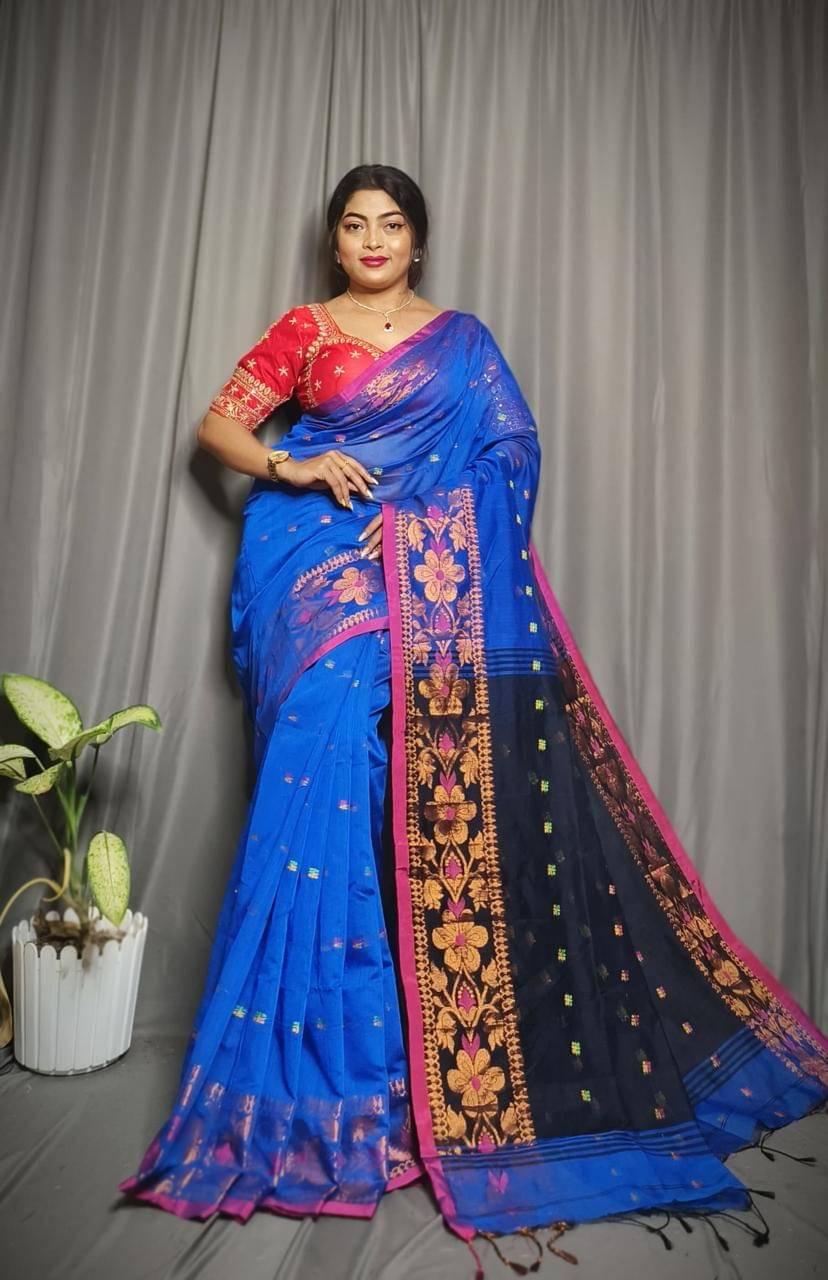 SARADA HANDLOOM Cotton Woven Saree With Unstitched Blouse Piece ( Blue ) SARADA HANDLOOM Cotton Woven Saree With Unstitched Blouse Piece ( Blue )
