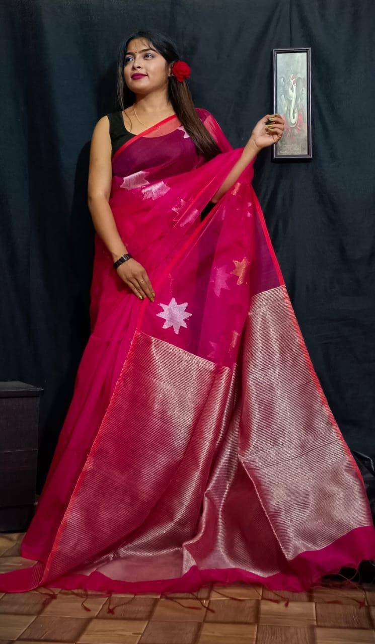     			SARADA HANDLOOM Cotton Woven Saree With Unstitched Blouse Piece ( Pink )