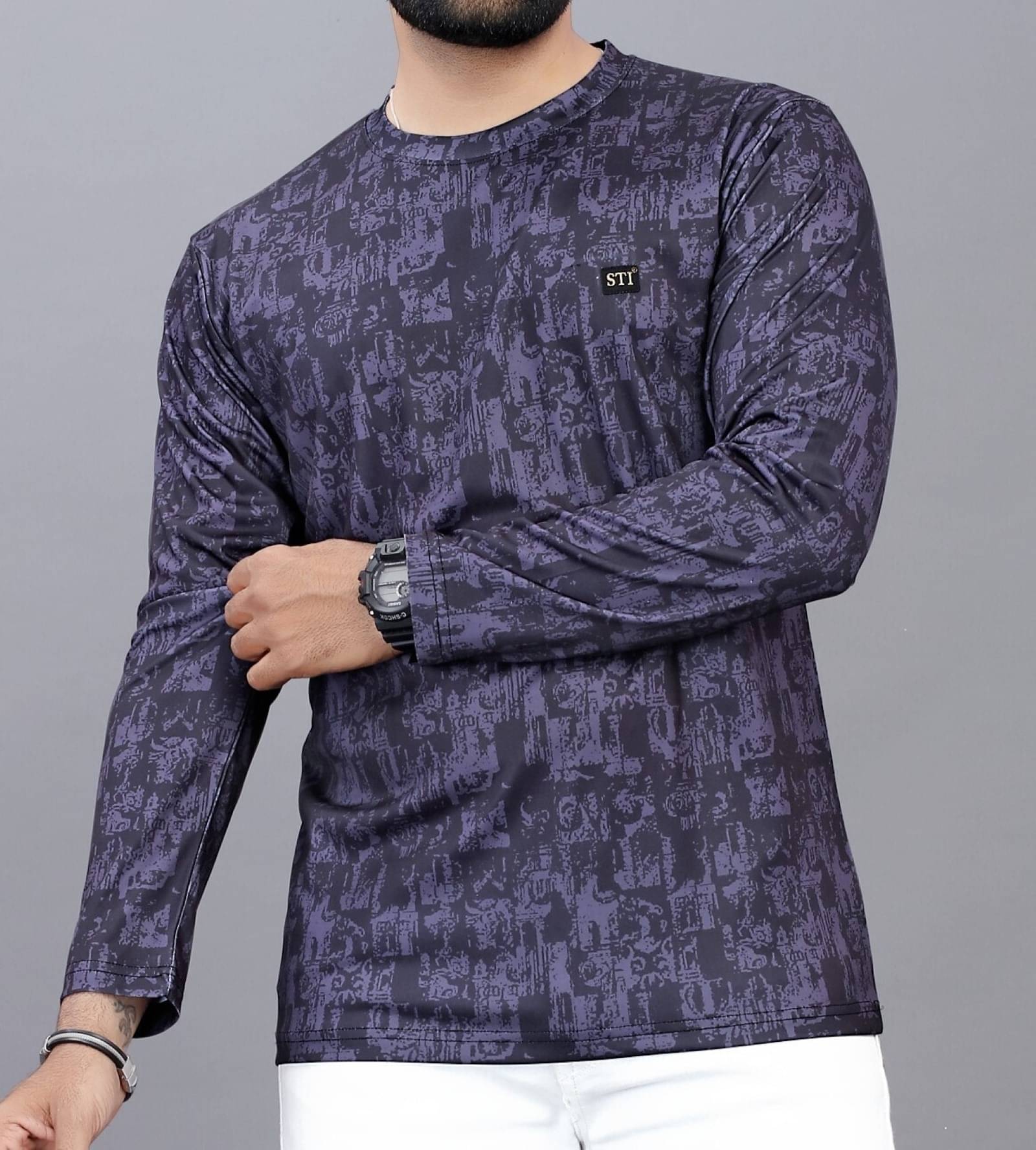     			STI Cotton Blend Regular Fit Printed Full Sleeves Men's Round T-Shirt - Navy ( Pack of 1 )
