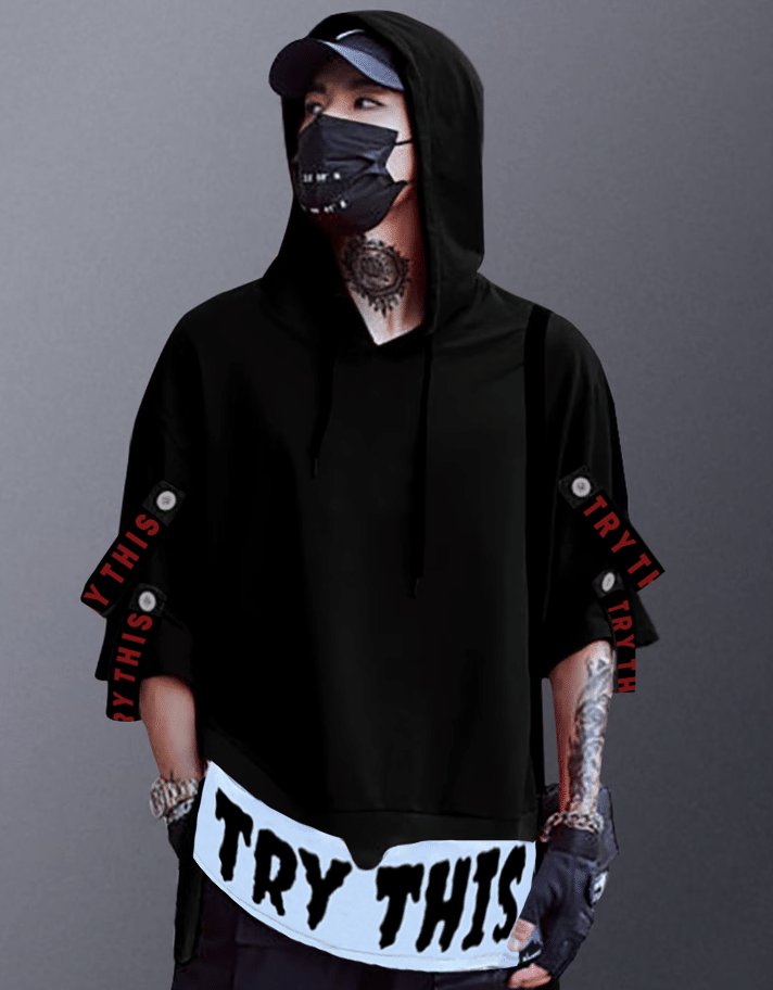 Try This Cotton Blend Regular Fit Printed Half Sleeves Men's Hooded T-Shirt - Black ( Pack of 1 ) Try This Cotton Blend Regular Fit Printed Half Sleeves Men's Hooded T-Shirt - Black ( Pack of 1 )