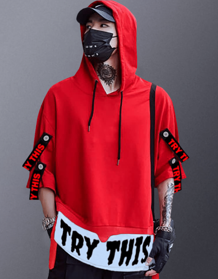     			Try This Cotton Blend Regular Fit Printed Half Sleeves Men's Hooded T-Shirt - Red ( Pack of 1 )