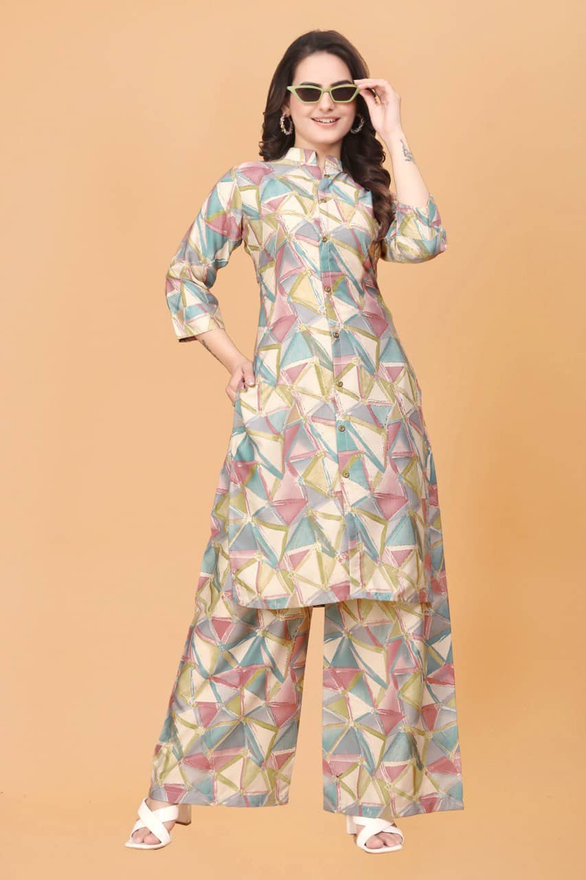 VANVAAM Women Printed Kurta With Palazzos Co-Ord Set ( Pink )