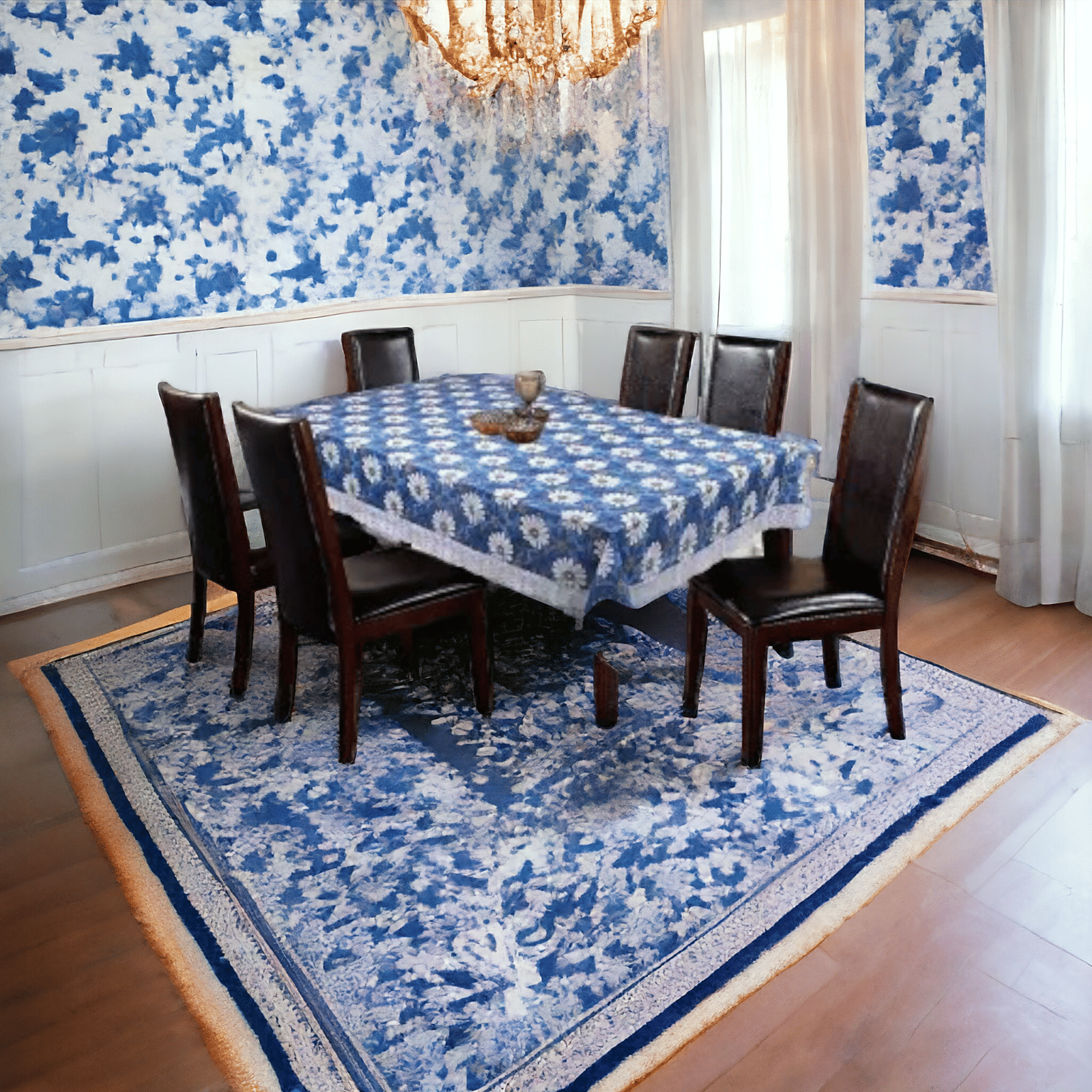     			mopak decor Embroidered Polyester 6 Seater Square Table Cover ( 229 x 152 ) cm Pack of 1 Blue