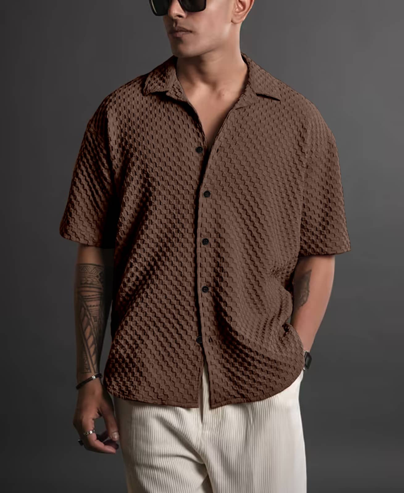 BILNATH CRETION Cotton Blend Regular Fit Self Design Half Sleeves Men's Casual Shirt - Brown ( Pack of 1 )