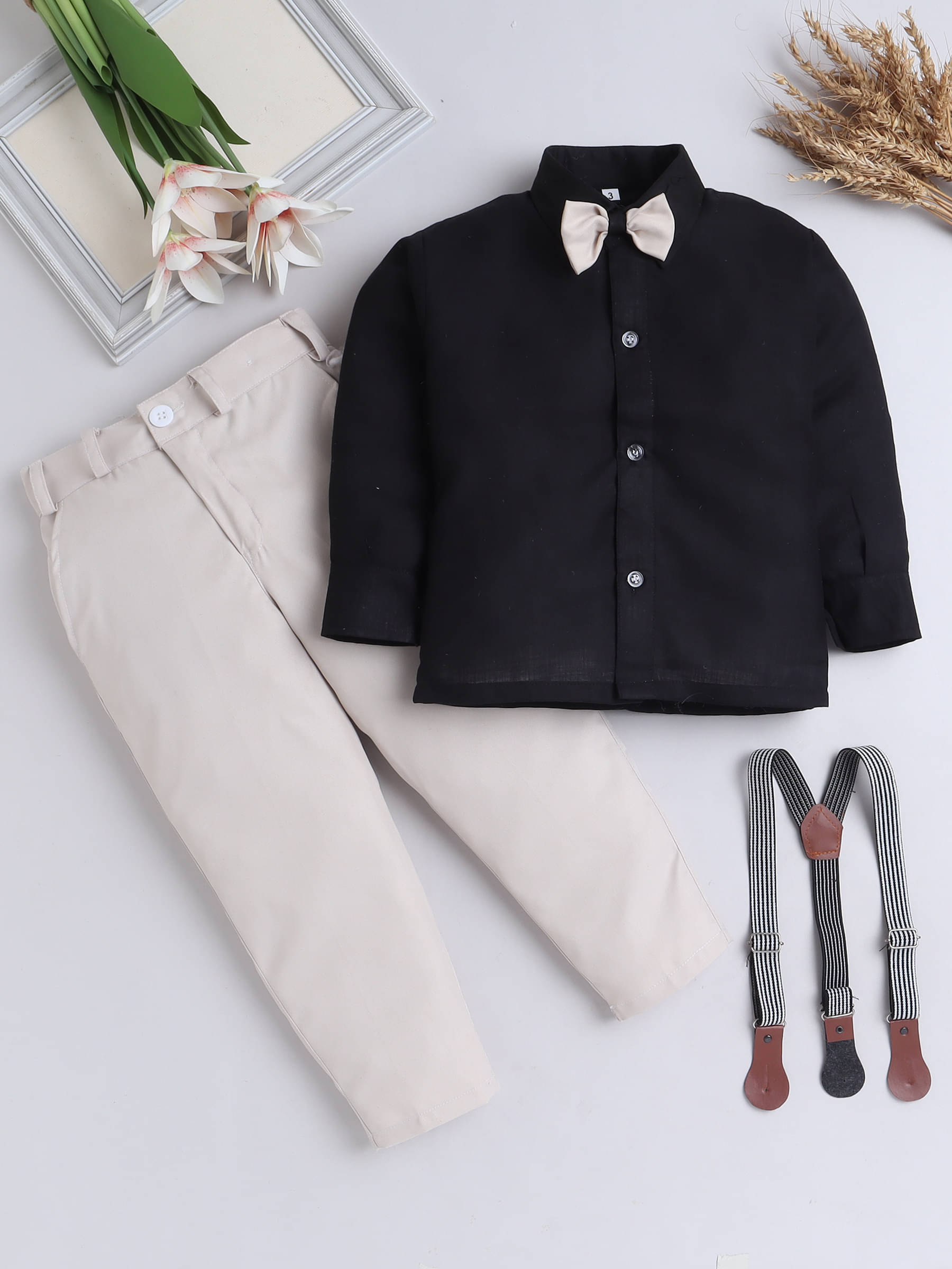     			Fourfolds Pack of 1 Boys Cotton Blend Shirt & Pants Set ( Black )