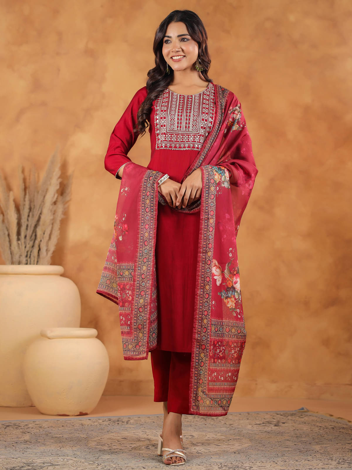 Janasya Chanderi Embellished Kurti With Pants Women's Stitched Salwar Suit - Maroon ( Pack of 1 ) Janasya Chanderi Embellished Kurti With Pants Women's Stitched Salwar Suit - Maroon ( Pack of 1 )