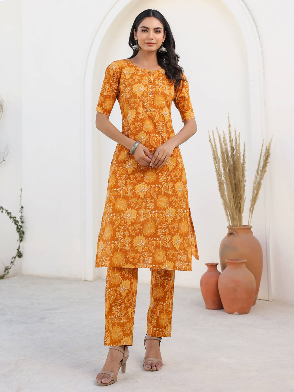     			Janasya Cotton Printed Kurti With Pants Women's Stitched Salwar Suit - Mustard ( Pack of 1 )
