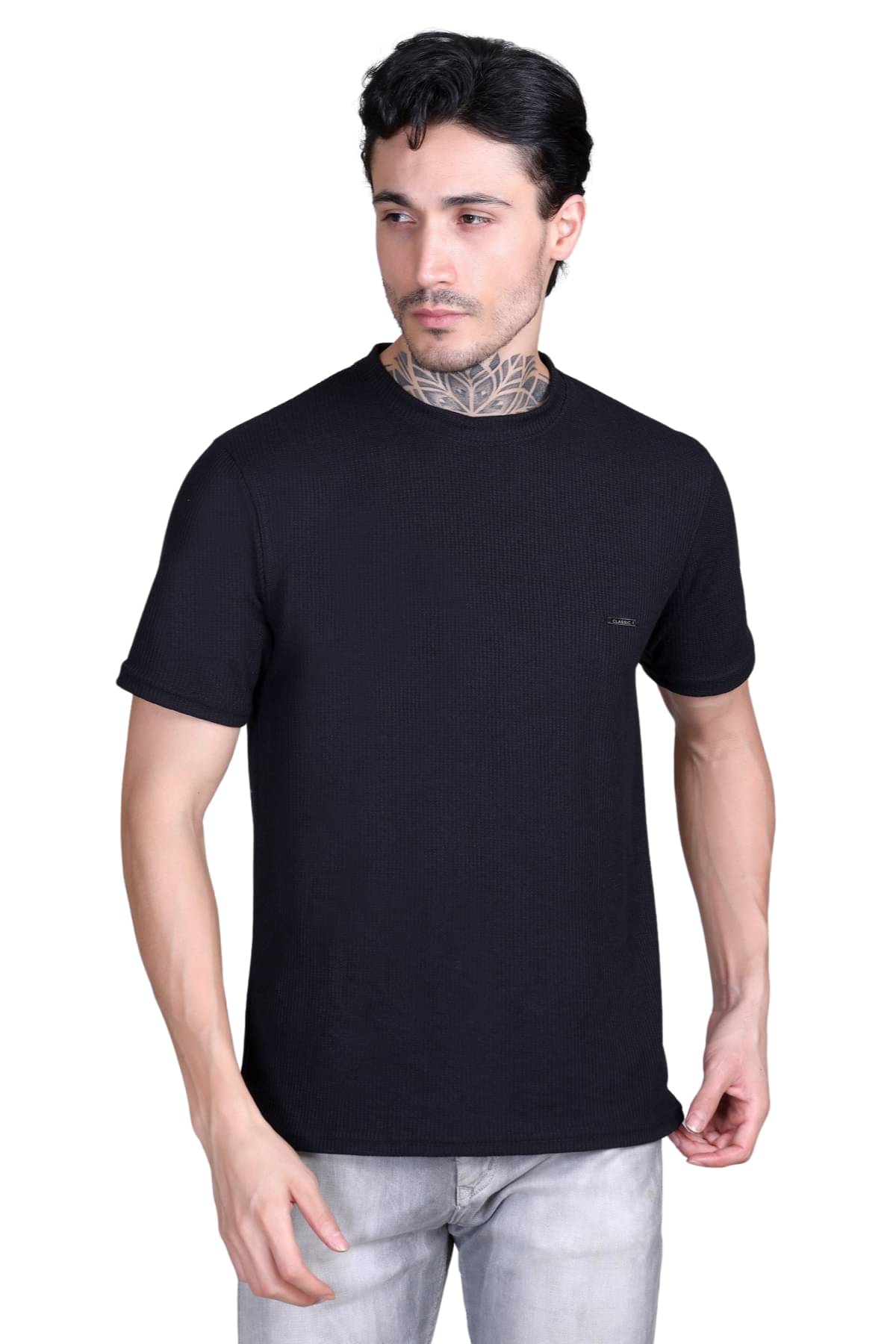     			Looks United Cotton Blend Regular Fit Self Design Half Sleeves Men's Round T-Shirt - Black ( Pack of 1 )