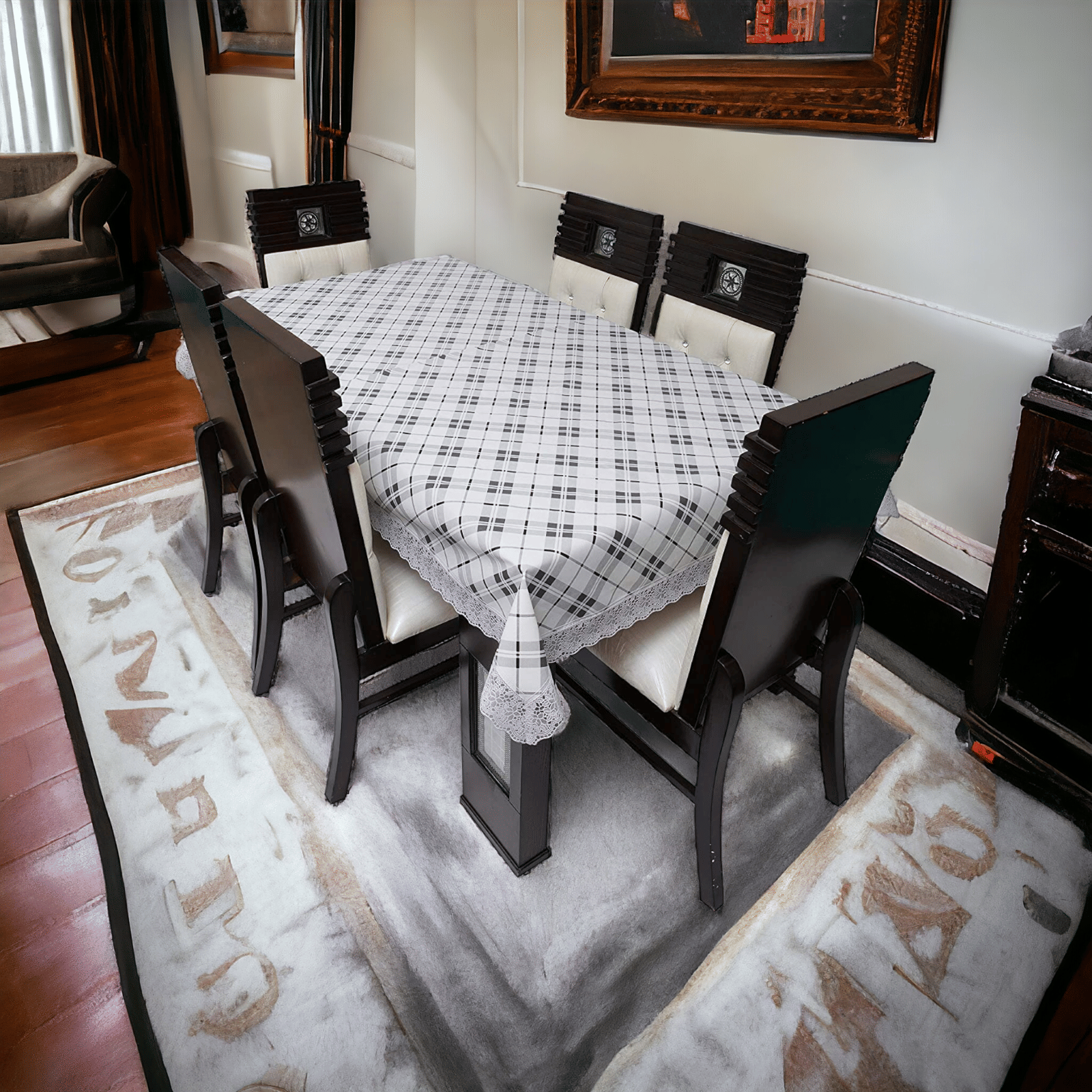     			mopak decor Checks Polyester 4 Seater Square Table Cover ( 152 x 102 ) cm Pack of 1 White