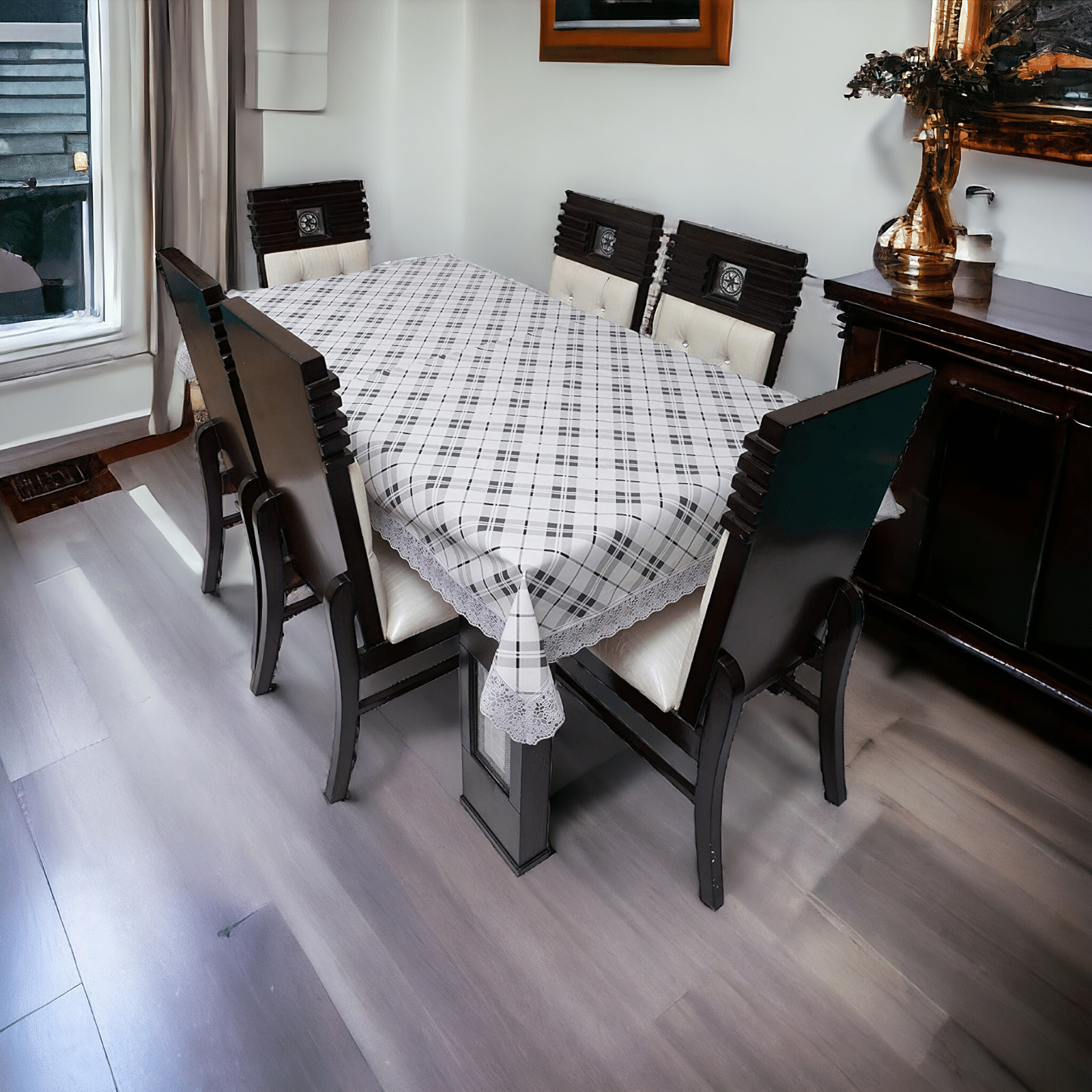 mopak decor Checks Polyester 6 Seater Rectangle Table Cover ( 229 x 152 ) cm Pack of 1 White mopak decor Checks Polyester 6 Seater Rectangle Table Cover ( 229 x 152 ) cm Pack of 1 White