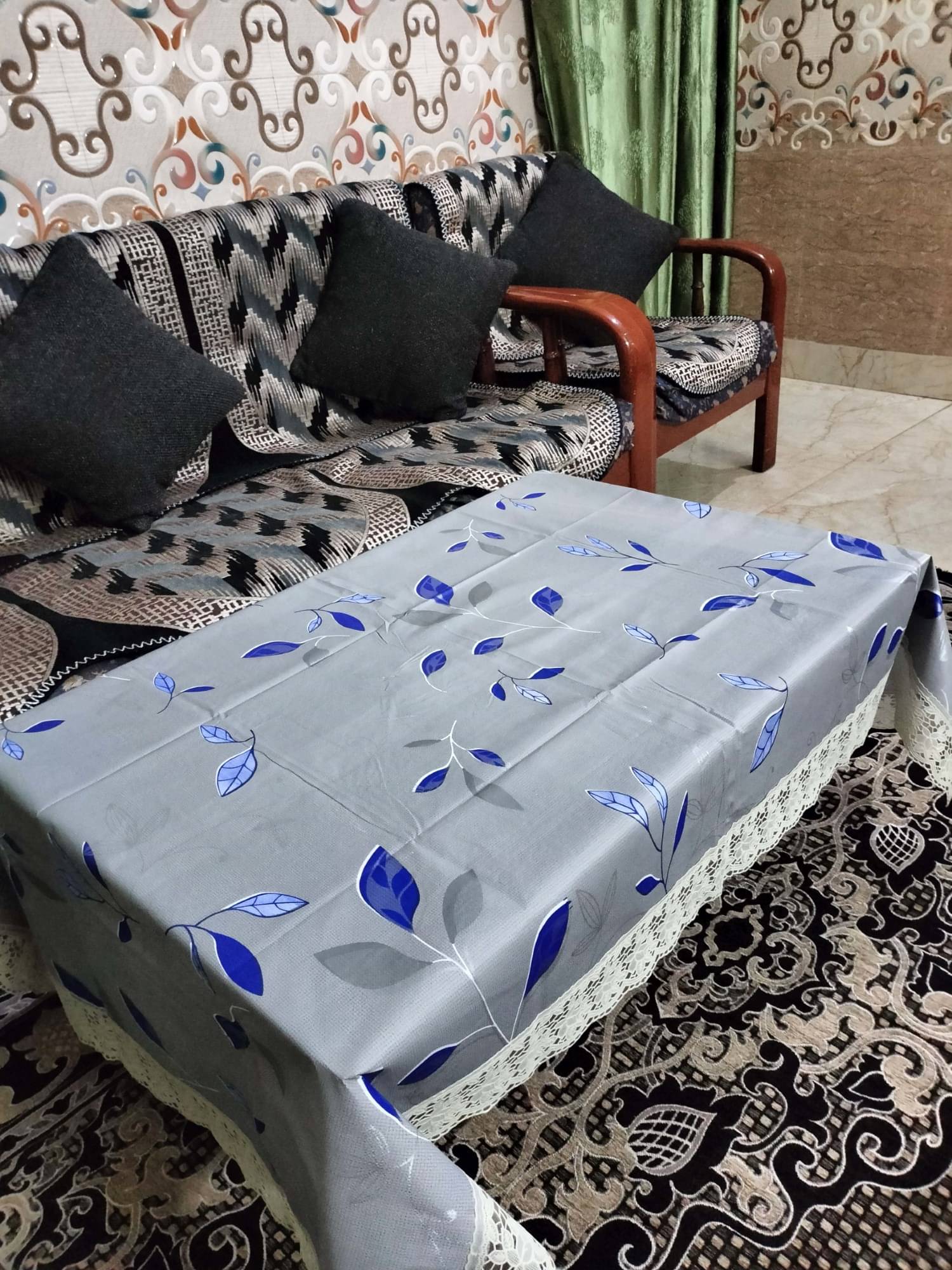     			mopak decor Printed Polyester 6 Seater Rectangle Table Cover ( 152 x 102 ) cm Pack of 1 Blue