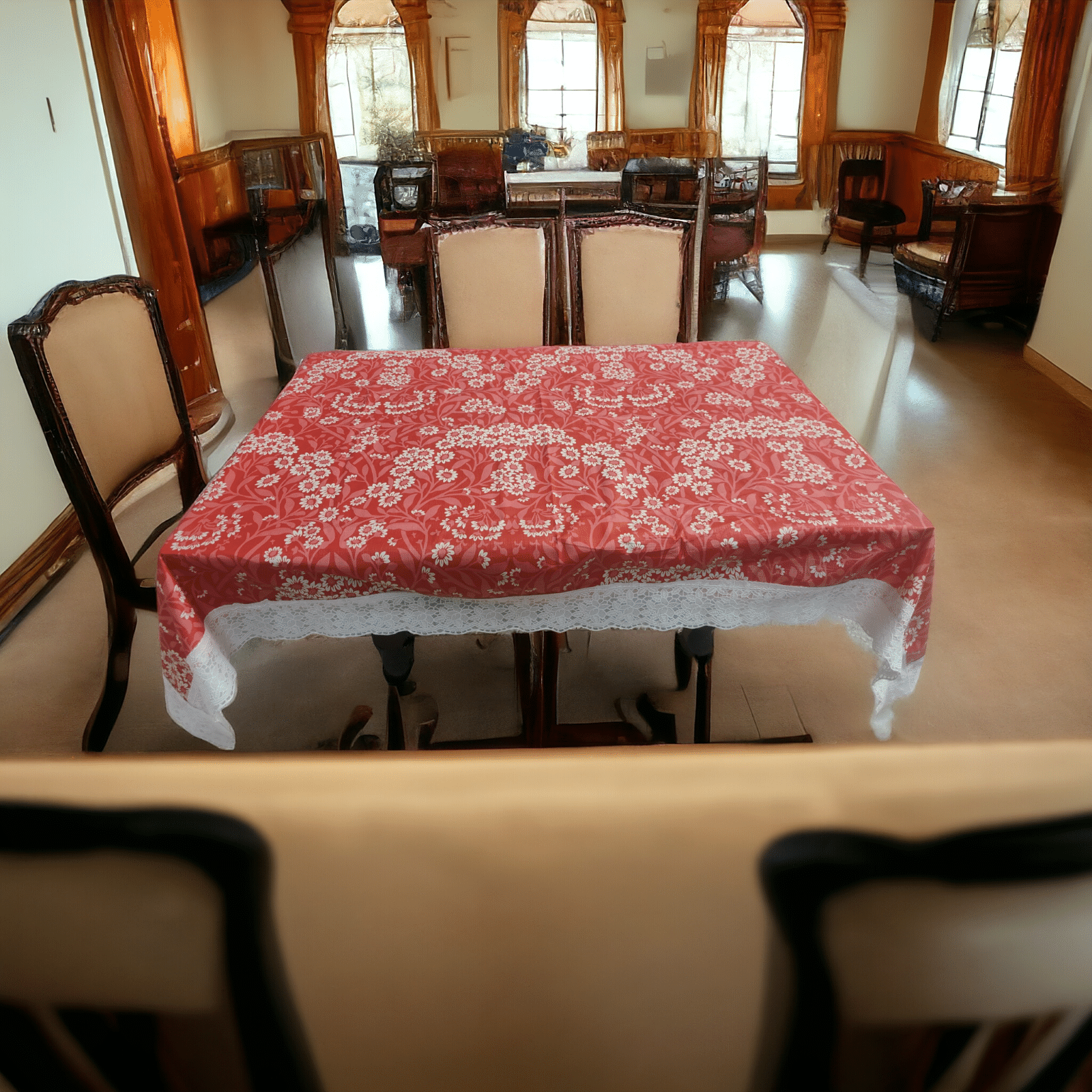     			mopak decor Printed Polyester 6 Seater Rectangle Table Cover ( 229 x 152 ) cm Pack of 1 Red
