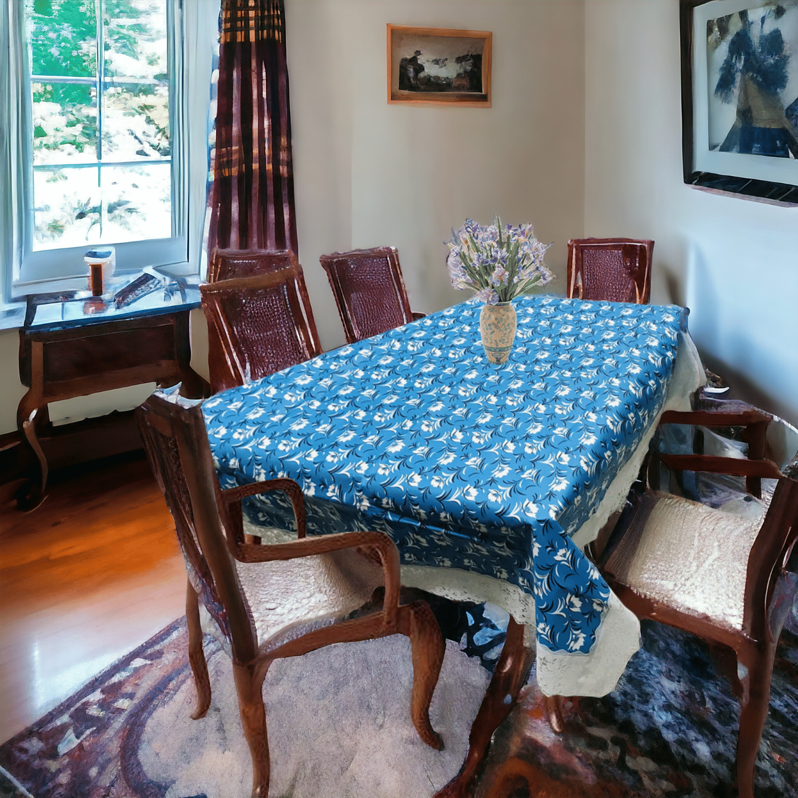     			mopak decor Printed Polyester 6 Seater Rectangle Table Cover ( 229 x 152 ) cm Pack of 1 Blue