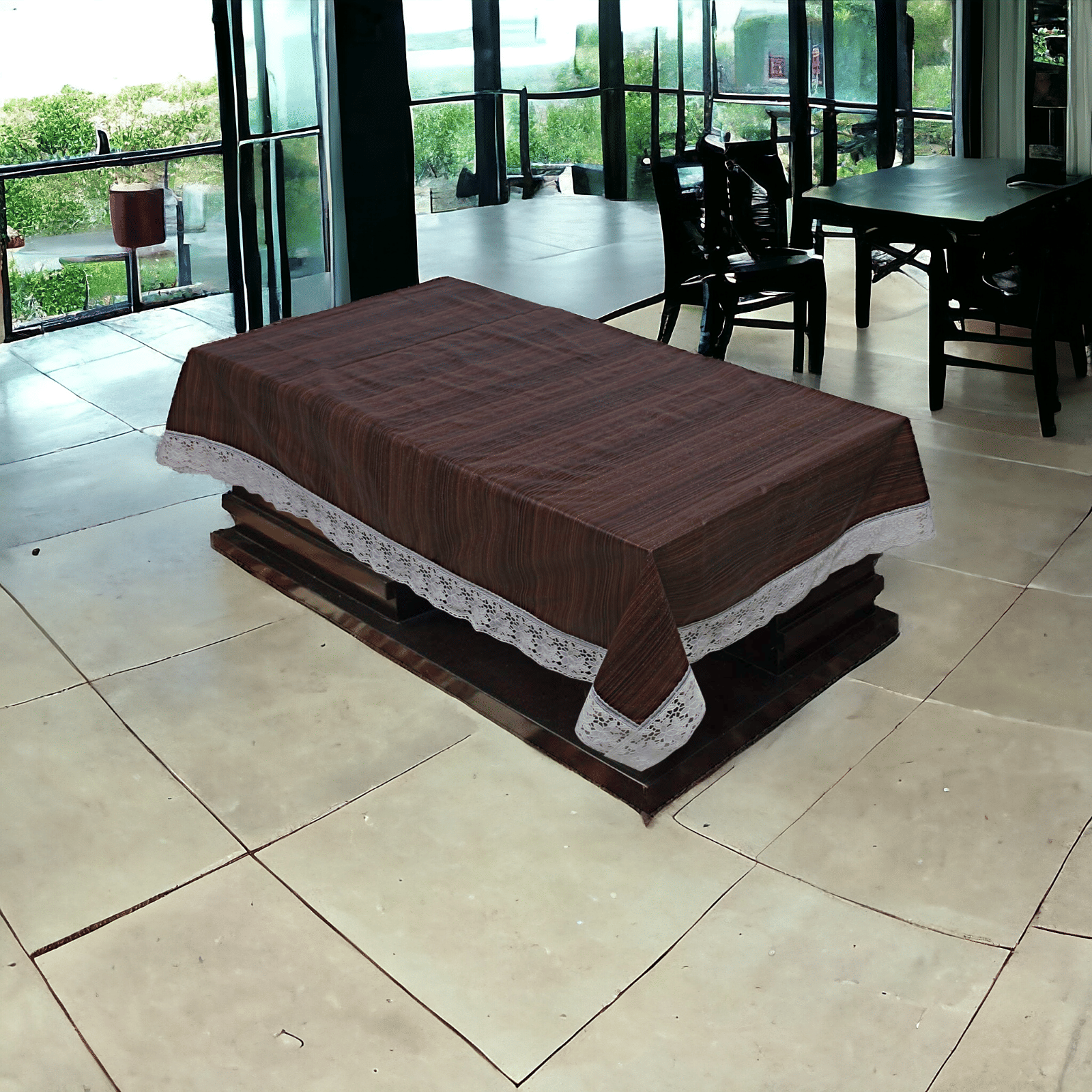 mopak decor Self Design Polyester 6 Seater Rectangle Table Cover ( 229 x 152 ) cm Pack of 1 Brown     			mopak decor Self Design Polyester 6 Seater Rectangle Table Cover ( 229 x 152 ) cm Pack of 1 Brown