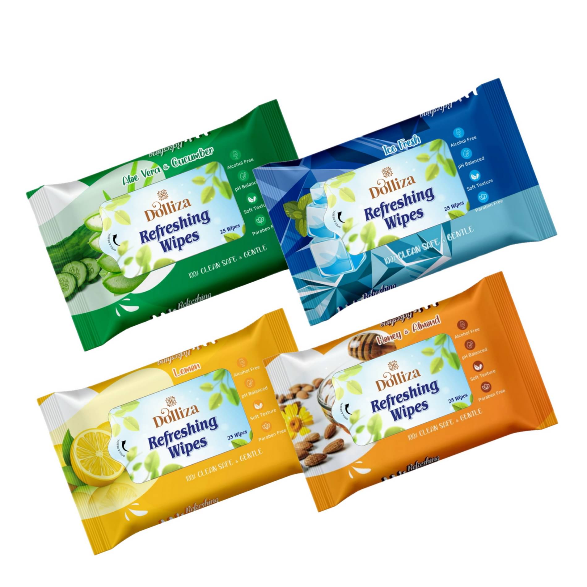 DOLLIZA AloeVera&Cucumber, Ice Fresh, Lemon, Honey&Almond Wet Wipes ( 100 Pcs ) Pack of 4 DOLLIZA AloeVera&Cucumber, Ice Fresh, Lemon, Honey&Almond Wet Wipes ( 100 Pcs ) Pack of 4