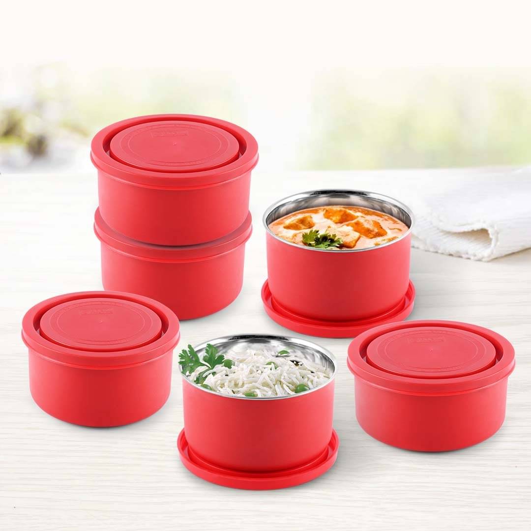     			Dream Home Alexa Microwave Safe Steel Red Food Container ( Set of 6 )