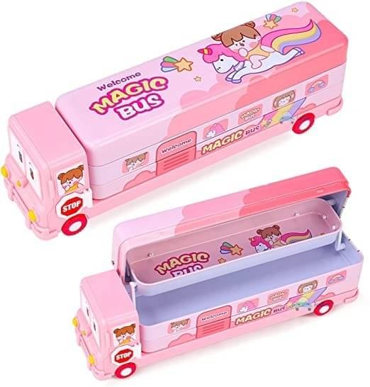ECLET Bus Pencil Box for Kids with Moving Tyre's & Sharpener Geometry Case for kids (Pink) SET OF 1 ECLET Bus Pencil Box for Kids with Moving Tyre's & Sharpener Geometry Case for kids (Pink) SET OF 1