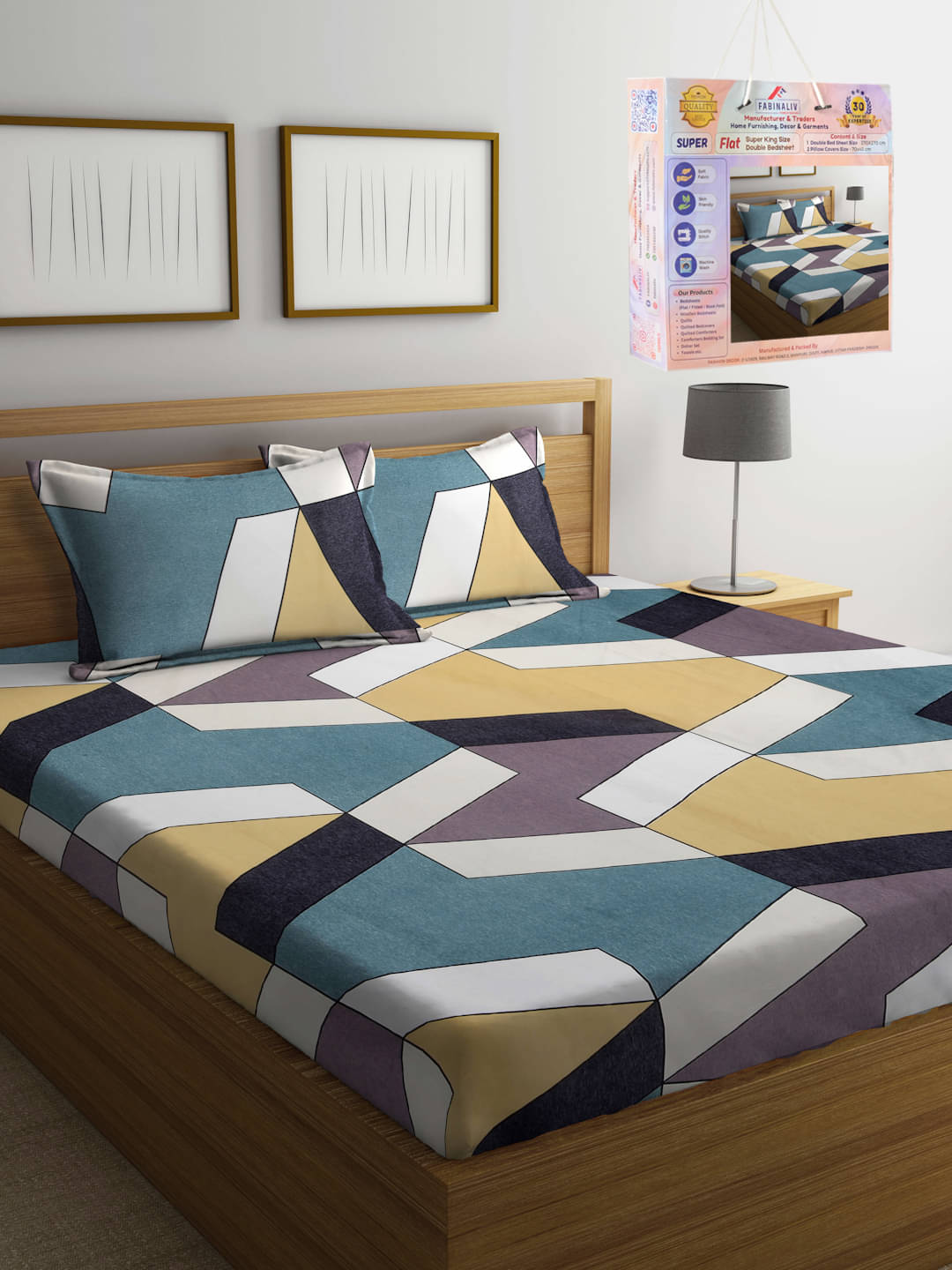     			FABINALIV Poly Cotton 1 Double King Bedsheet with 2 Pillow Covers ( Multicolor )