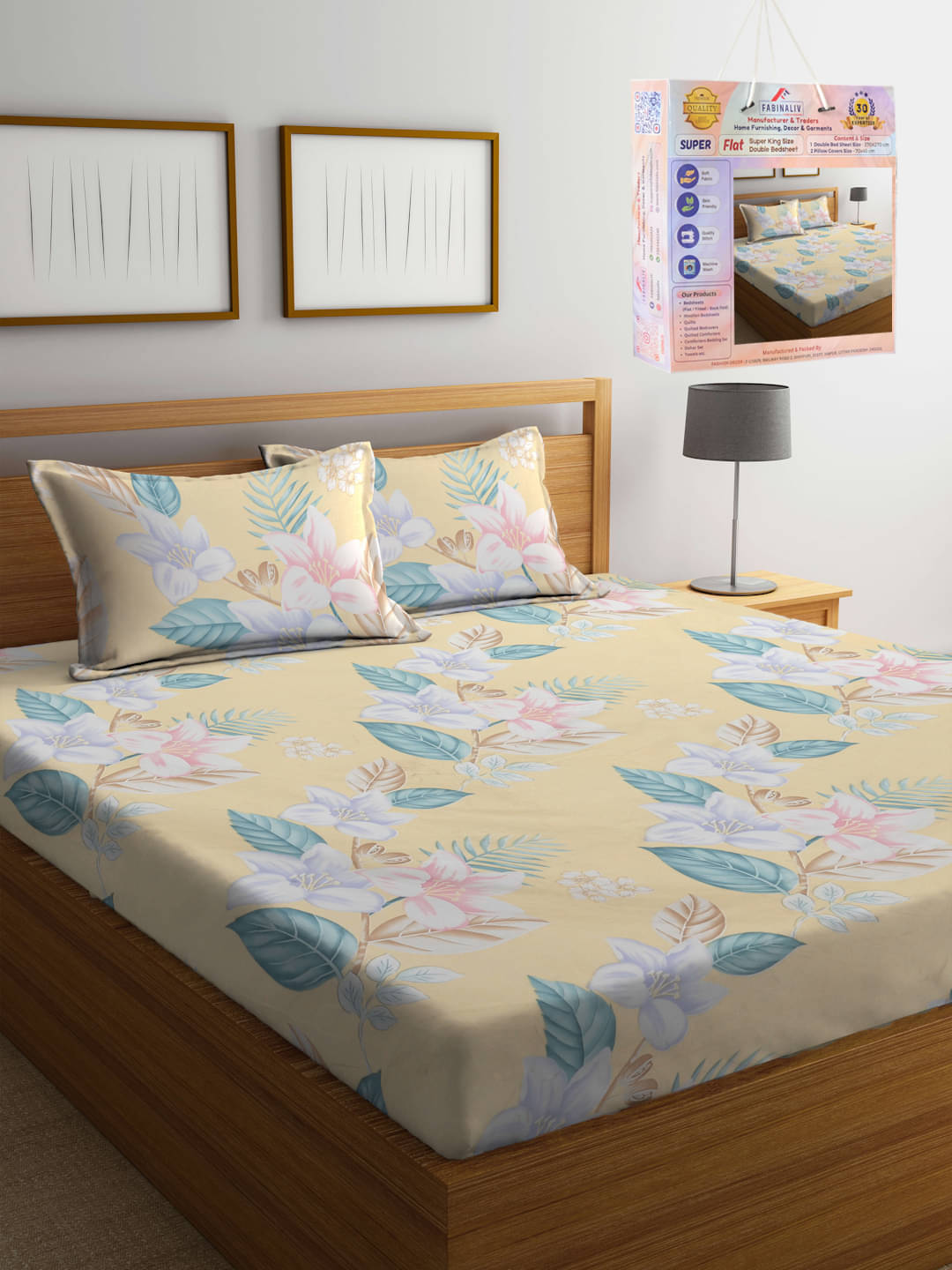     			FABINALIV Poly Cotton 1 Double King Bedsheet with 2 Pillow Covers ( Yellow )