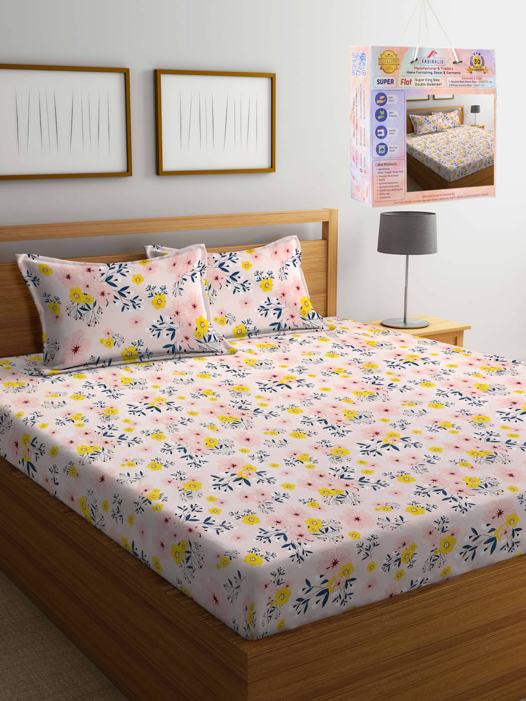     			FABINALIV Poly Cotton 1 Double King Bedsheet with 2 Pillow Covers ( Multicolor )