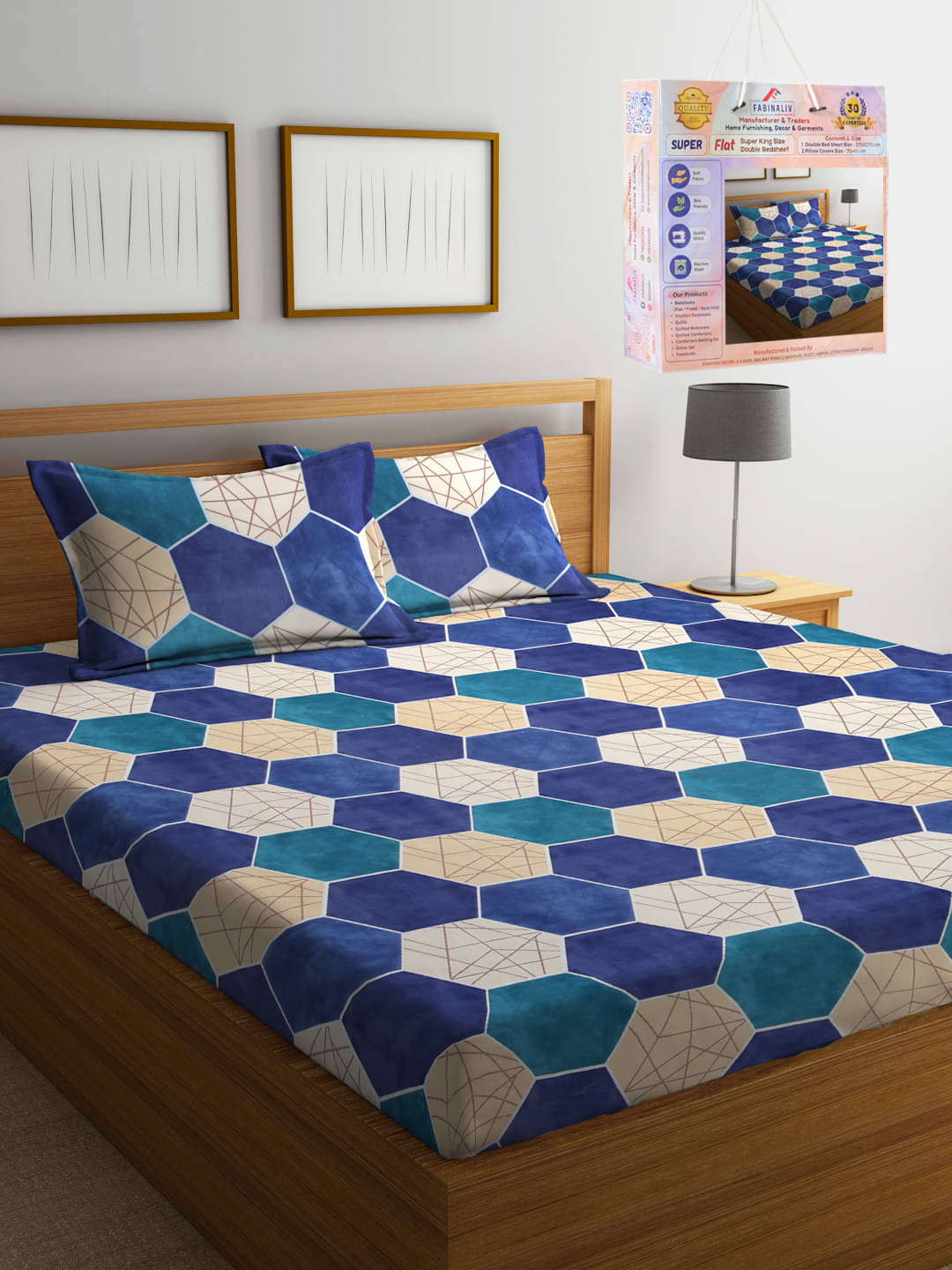     			FABINALIV Poly Cotton 1 Double King Bedsheet with 2 Pillow Covers ( Blue )