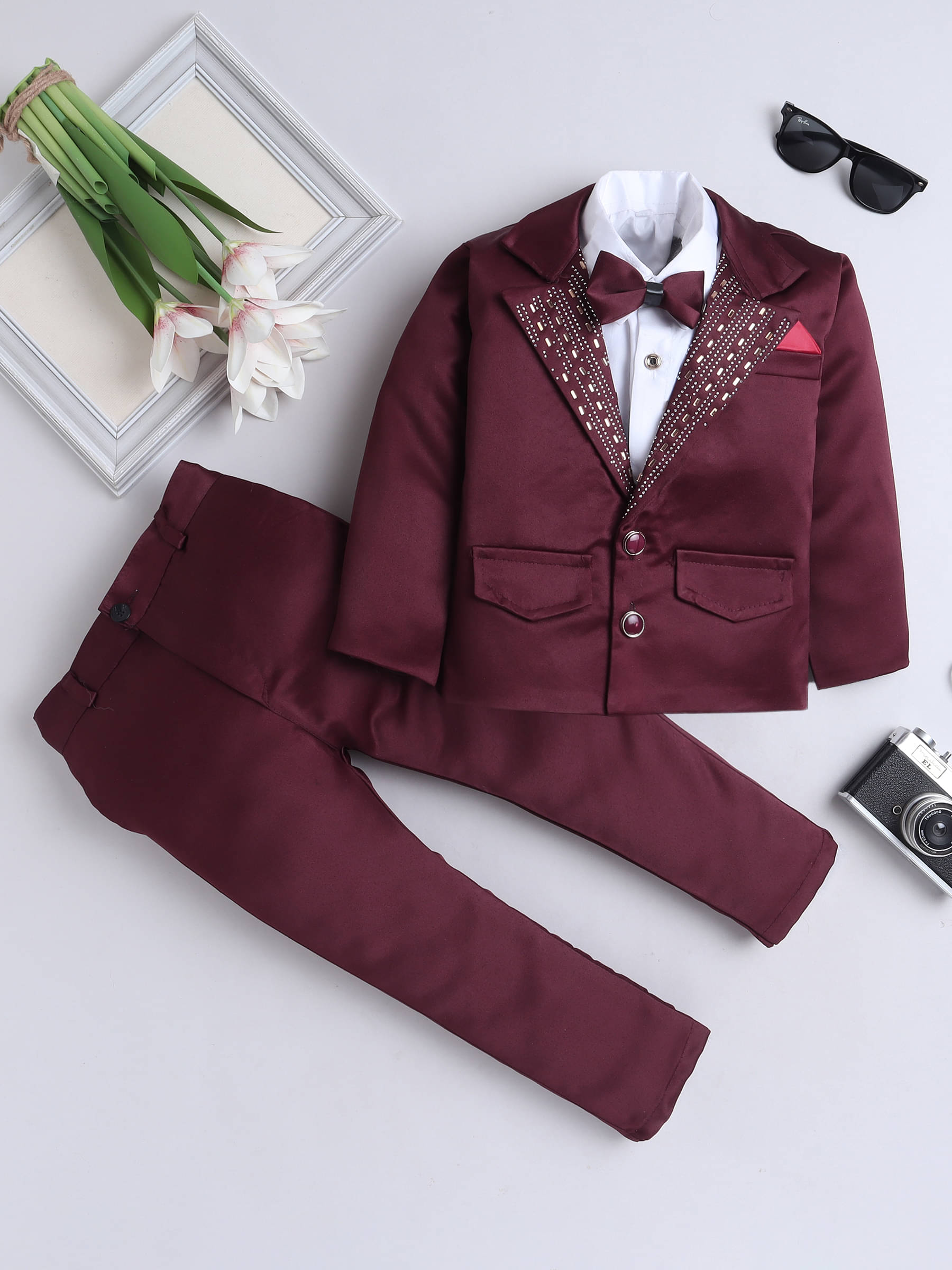     			Fourfolds Pack of 1 Boys Cotton Blend Shirt & Pants Set ( Wine )