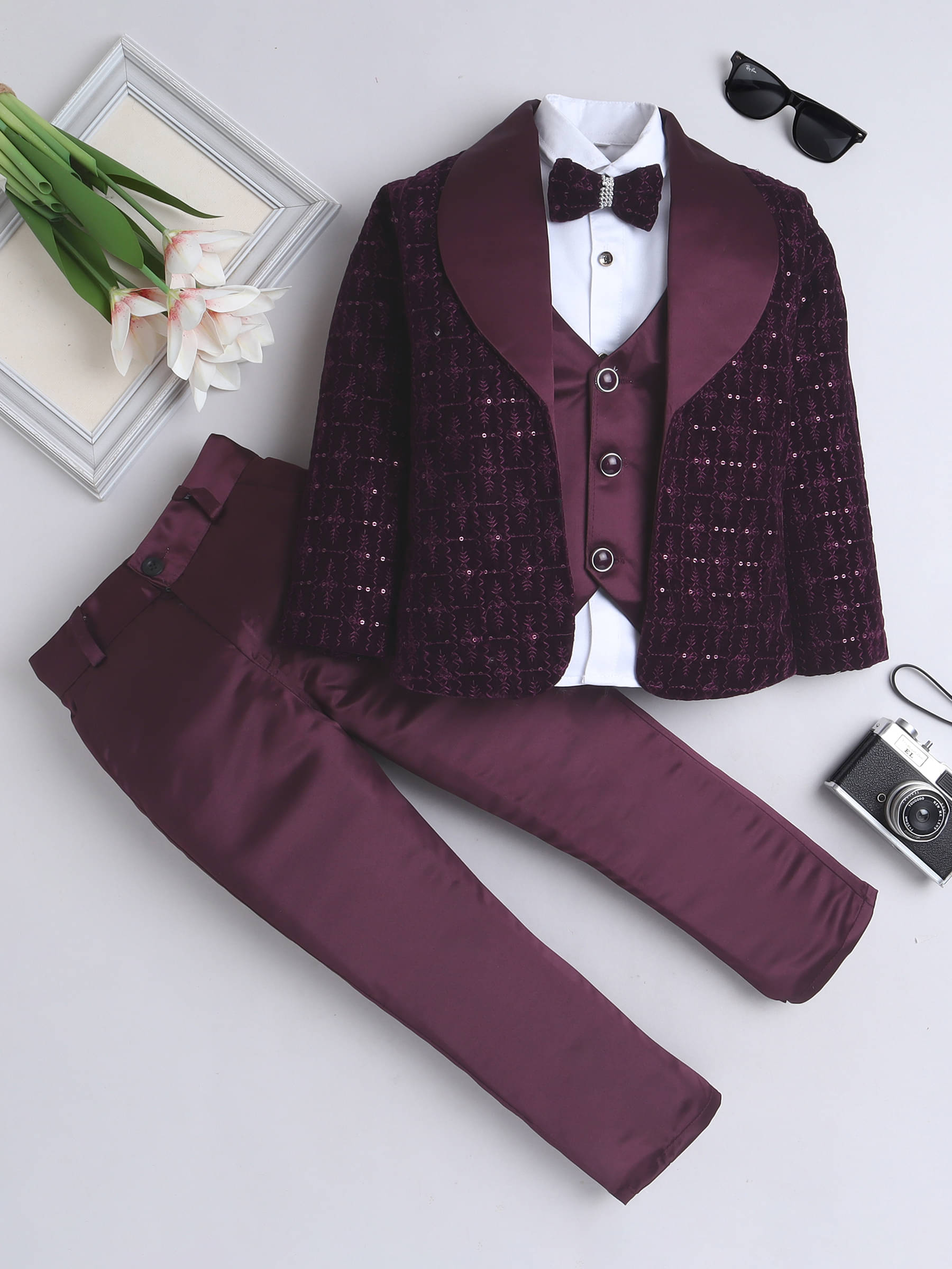     			Fourfolds Pack of 1 Boys Cotton Blend Shirt & Pants Set ( Wine )