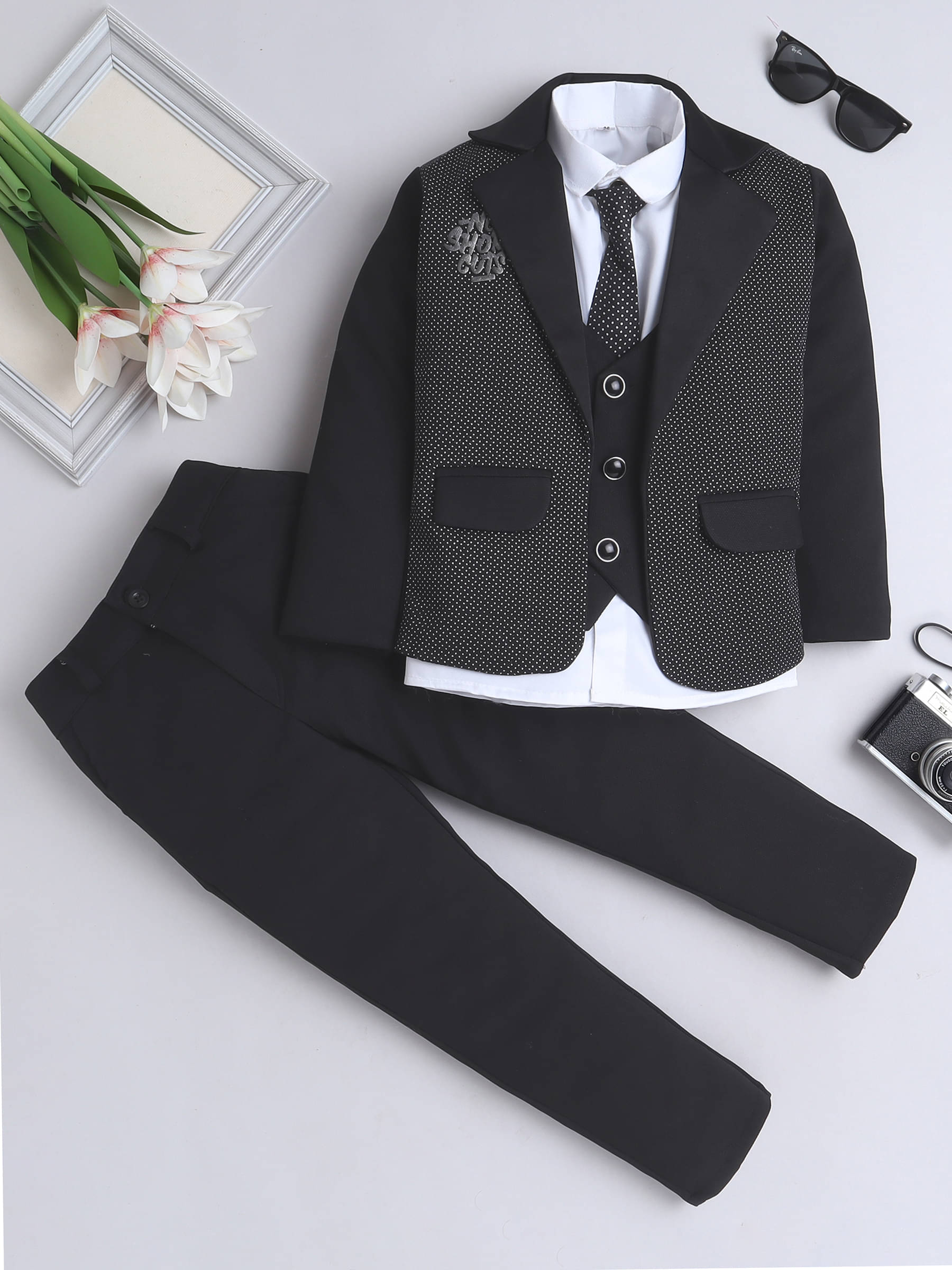     			Fourfolds Pack of 1 Boys Cotton Blend Shirt & Pants Set ( Black )