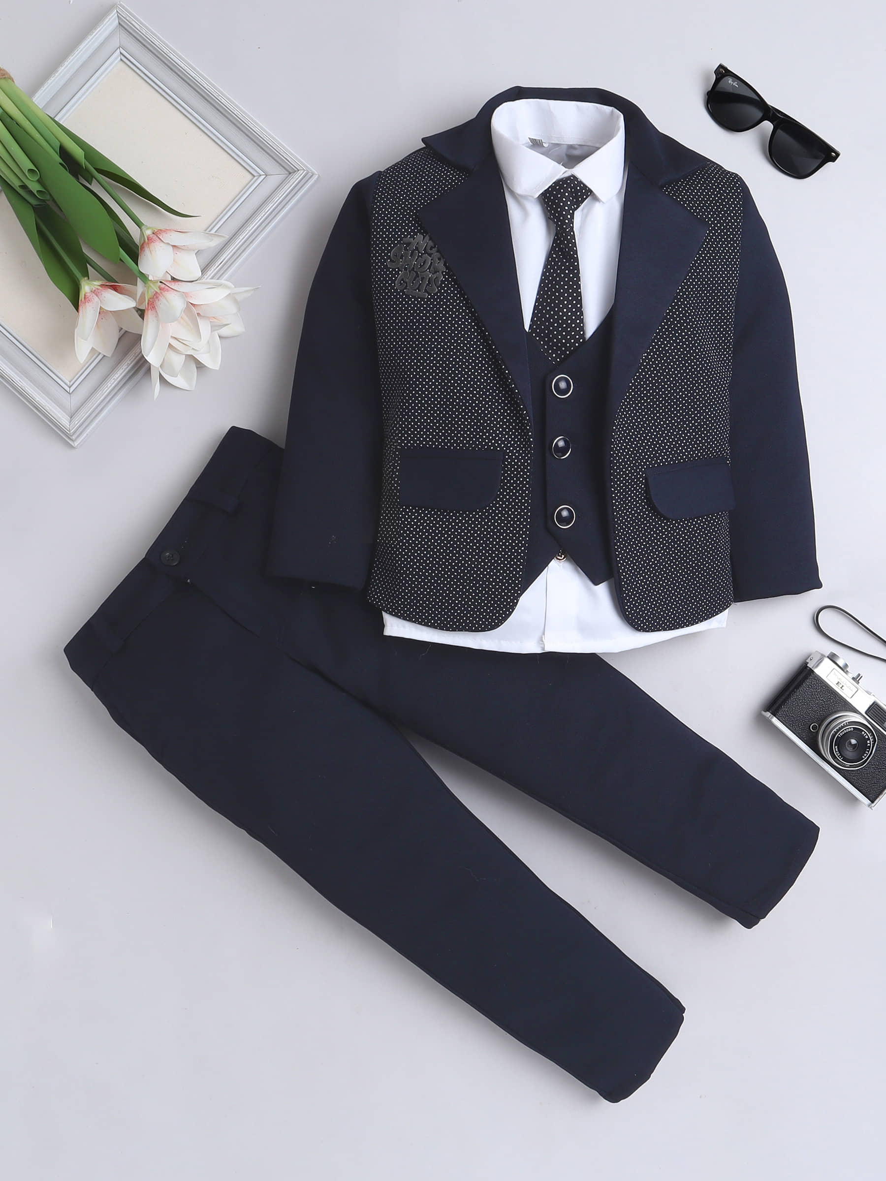 Fourfolds Pack of 1 Boys Cotton Blend Shirt & Pants Set ( Navy )