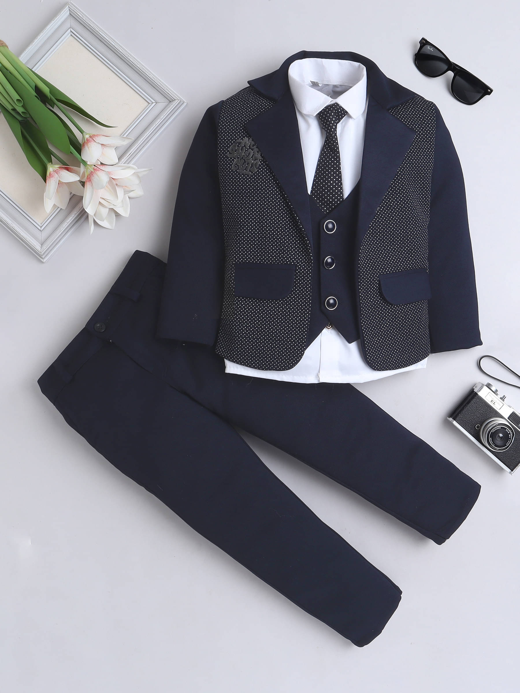     			Fourfolds Pack of 1 Boys Cotton Blend Shirt & Pants Set ( Navy )