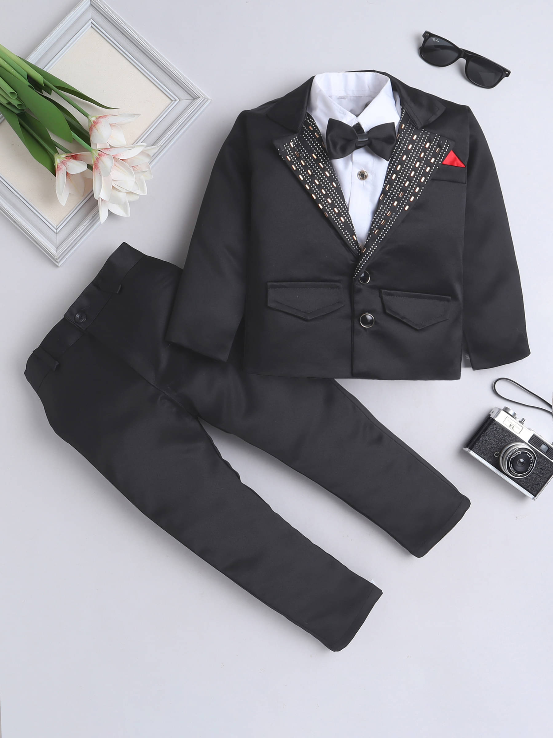     			Fourfolds Pack of 1 Boys Cotton Blend Shirt & Pants Set ( Black )