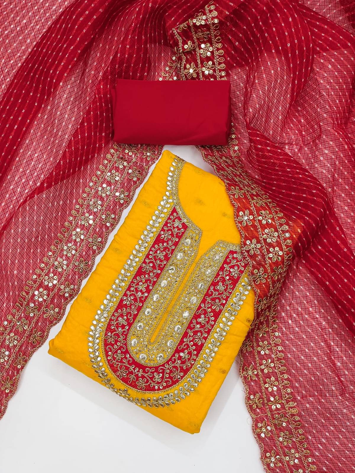     			HL SILKMILLS Unstitched Chanderi Embellished Dress Material - Yellow,Red ( Pack of 1 )