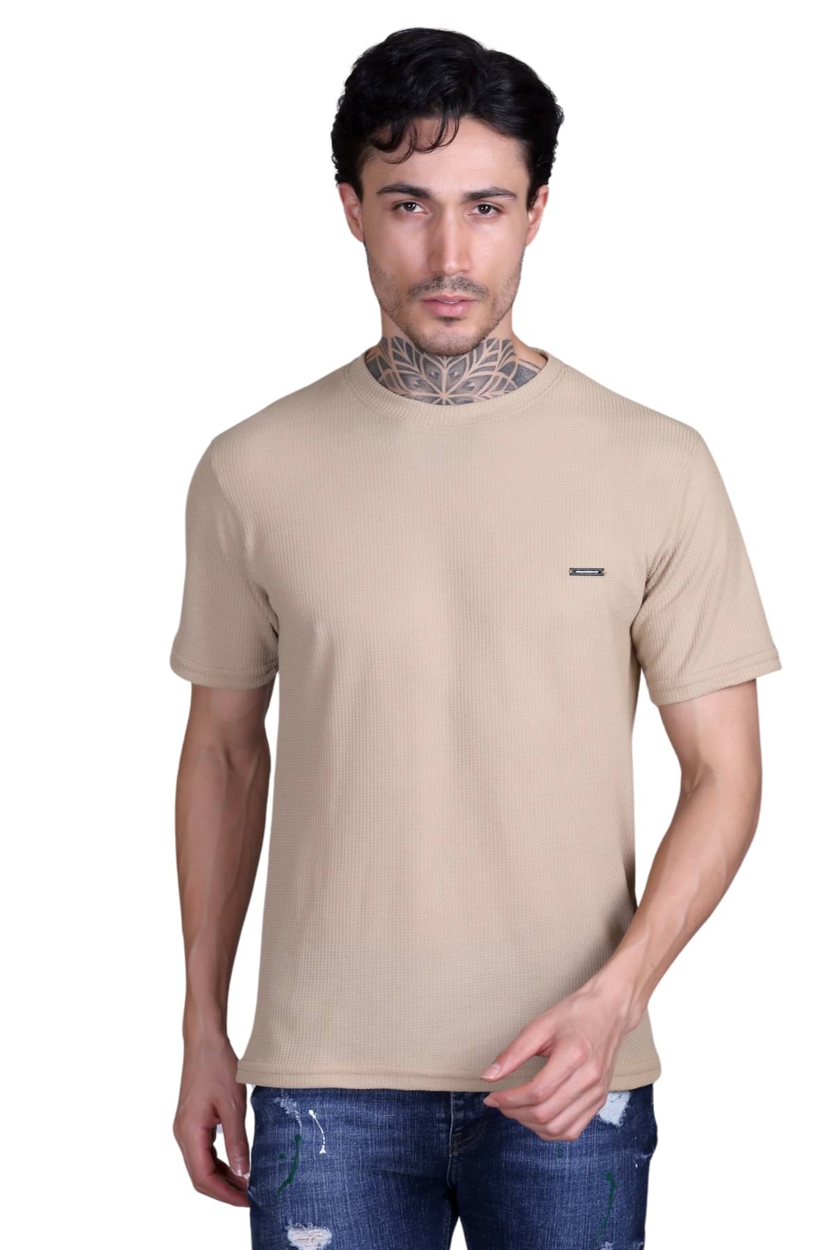    			Looks United Cotton Blend Regular Fit Self Design Half Sleeves Men's Round T-Shirt - Camel ( Pack of 1 )