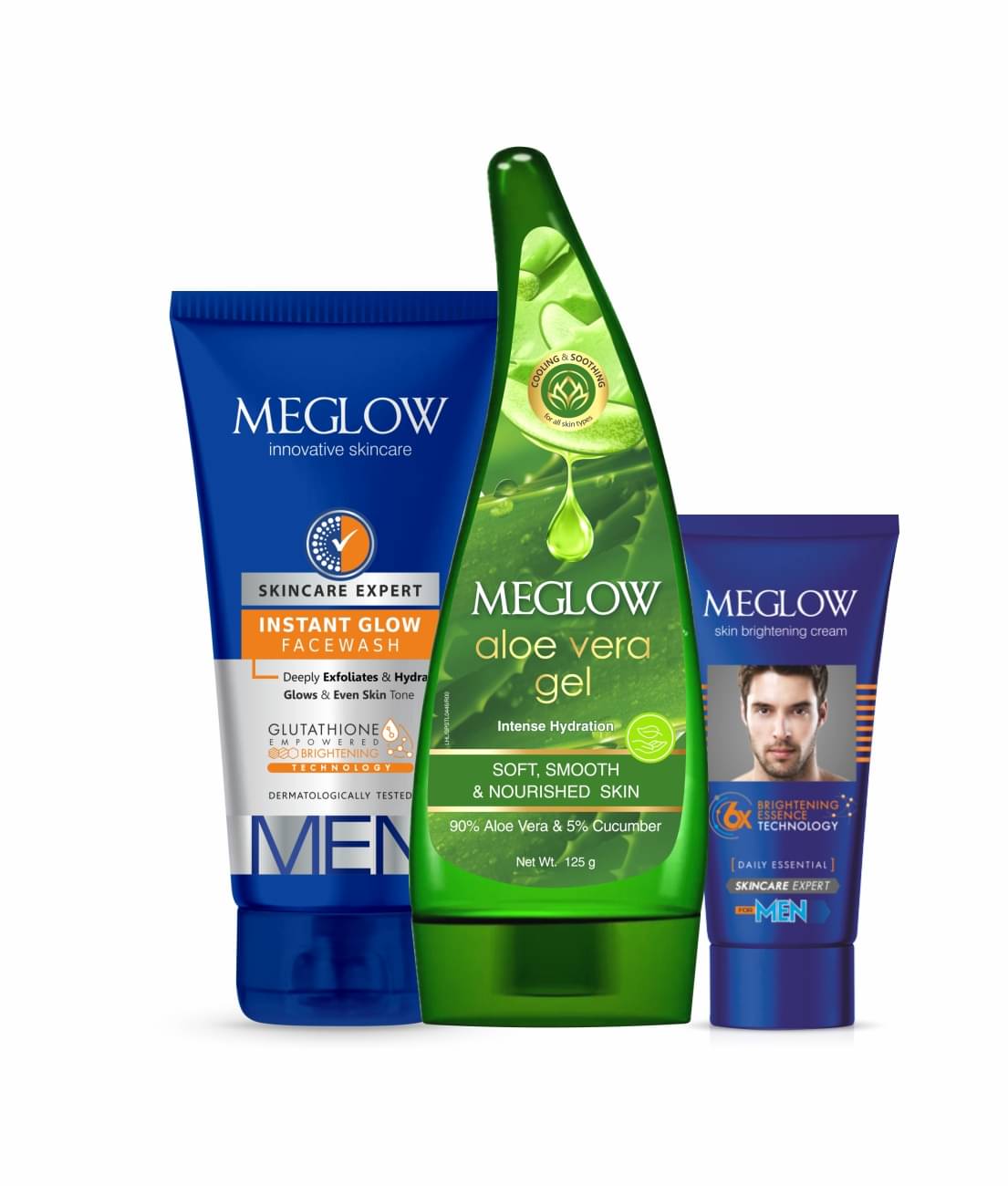 Meglow Men's Skincare Combo Skin Brightening Facewash 70g + Cream 30g + Aloe Vera Gel 125g Meglow Men's Skincare Combo Skin Brightening Facewash 70g + Cream 30g + Aloe Vera Gel 125g