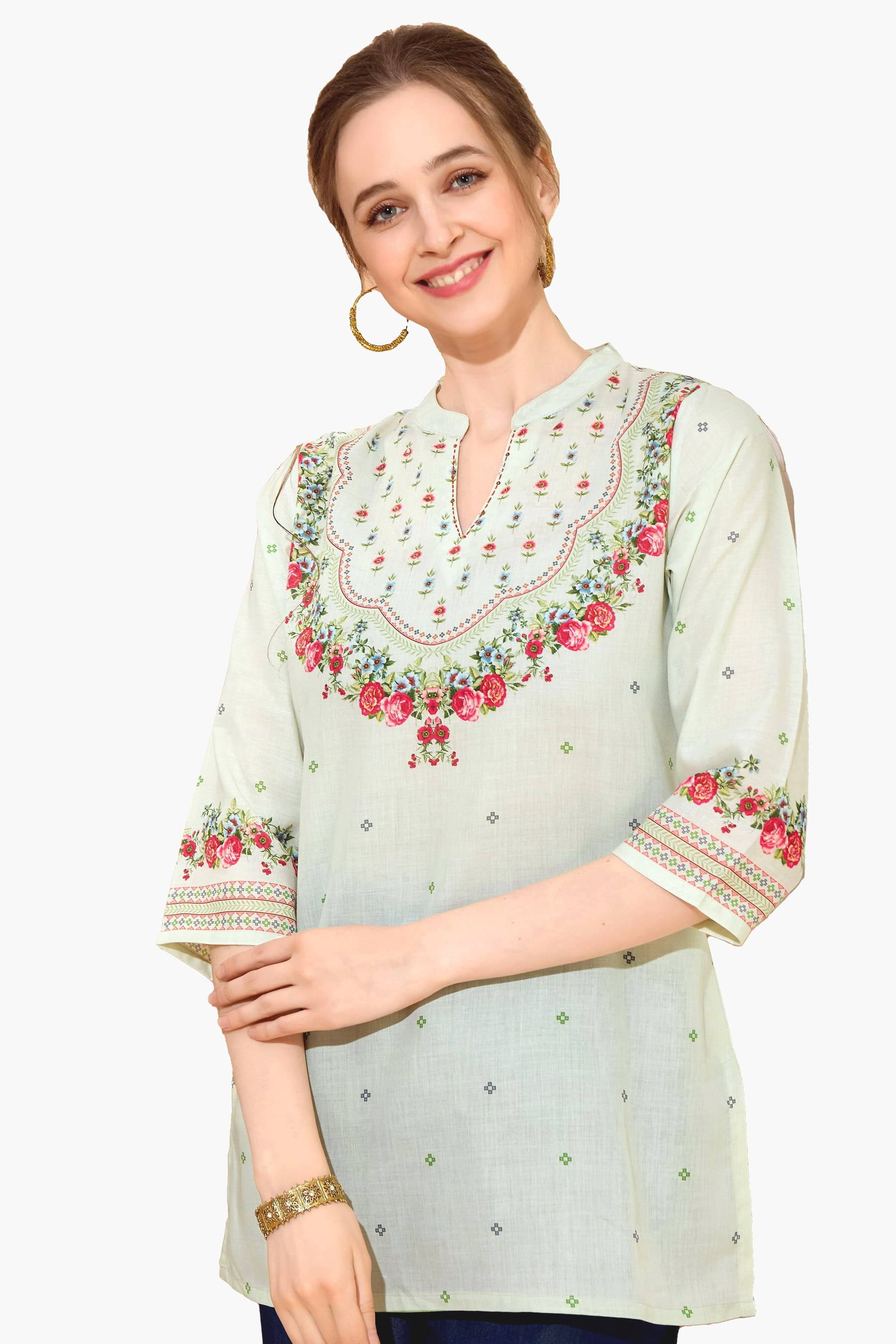 Meher Impex Pack of 1 Cotton Printed Straight Women's Kurti - ( Light Green ) Meher Impex Pack of 1 Cotton Printed Straight Women's Kurti - ( Light Green )
