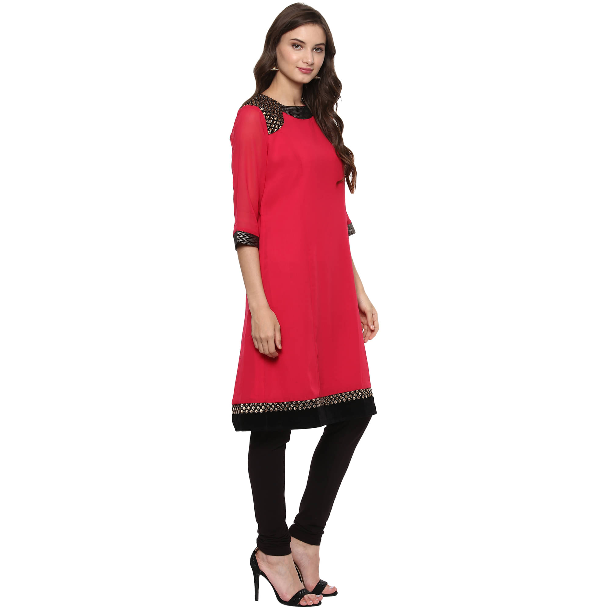     			Pannkh Pack of 1 Georgette Solid Straight Women's Kurti - ( Pink )