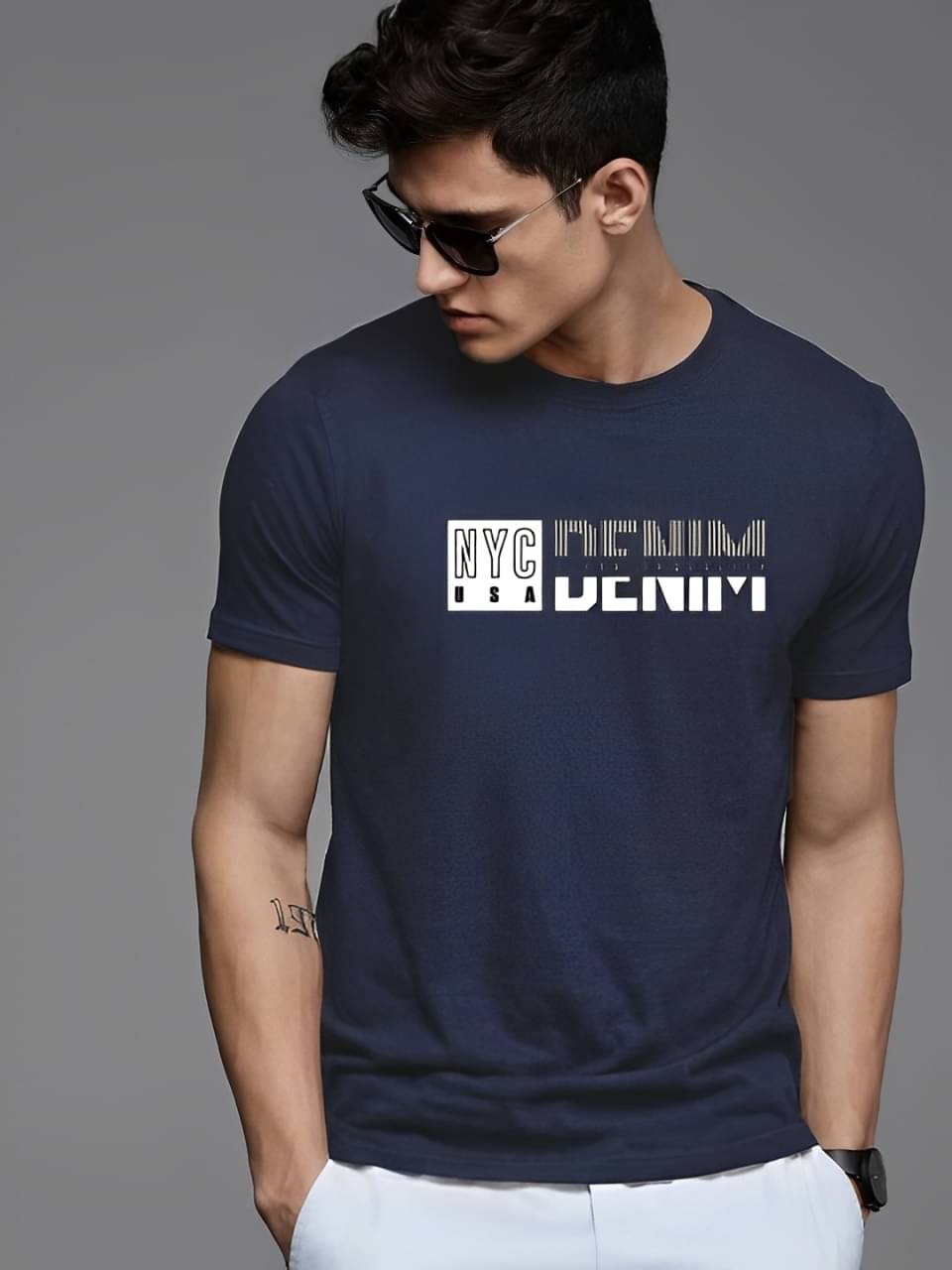     			Reya Cotton Blend Regular Fit Printed Half Sleeves Men's Round T-Shirt - Blue ( Pack of 1 )