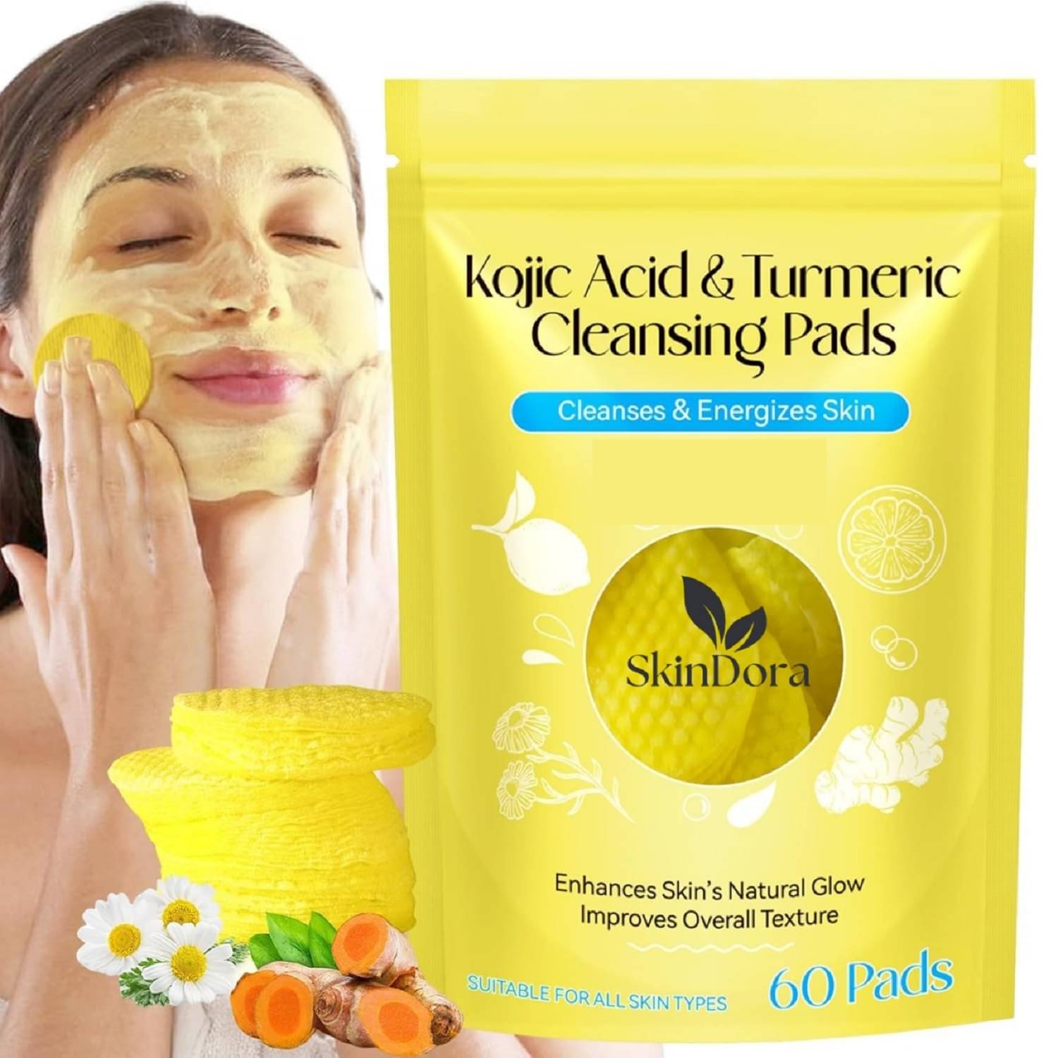     			Turmeric & Kojic Acid Face Cleansing Pads for Dark Spots, Skin Brightening & Acne Prevention | Vitamin C, Retinol & Chamomile Hydrolat | For Women & Men | All Skin Type | 60Pieces Pack of 1
